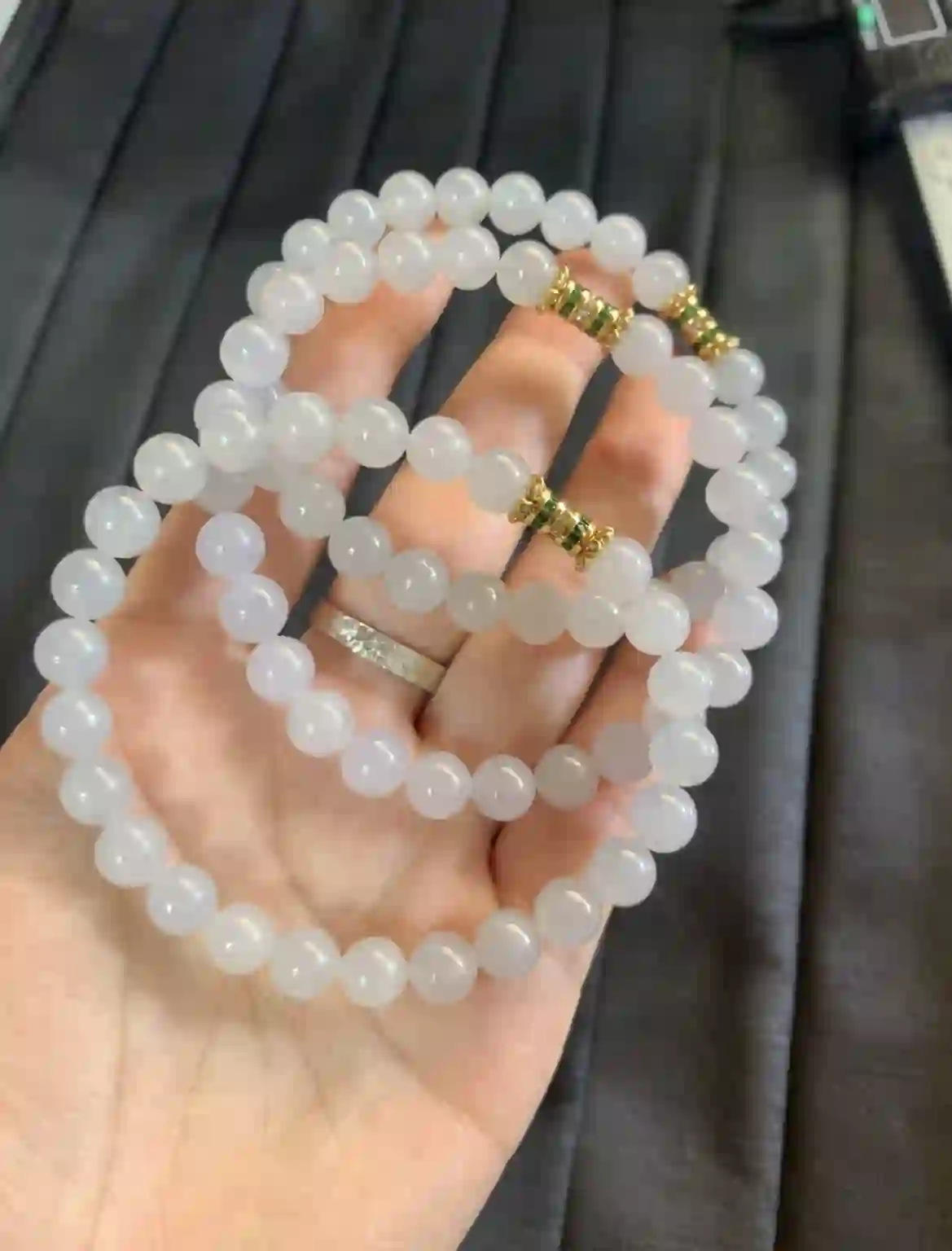   Icy Translucent White Jadeite Beaded Bracelet with Gold Plated Accents, view 2 | Myanmar Jadeite reference #3240001