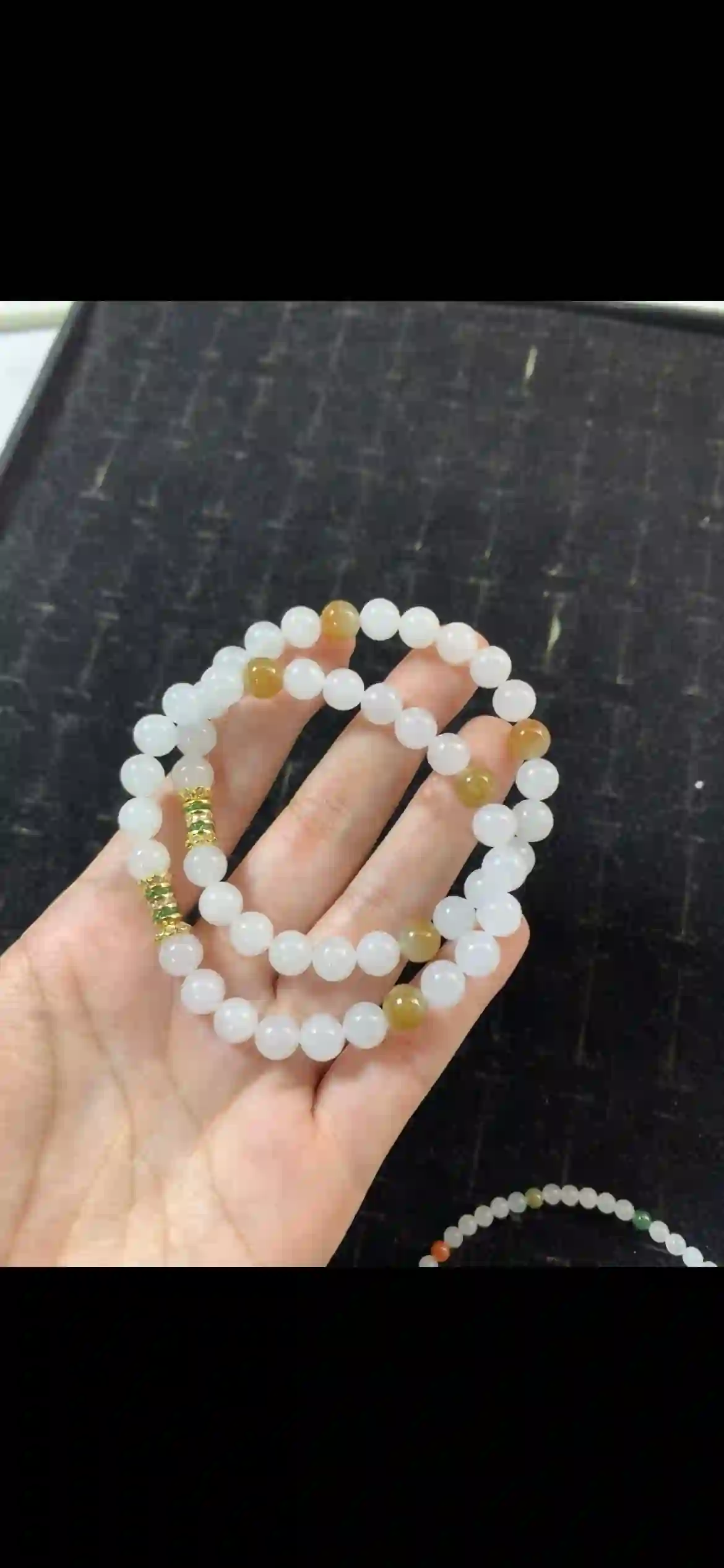 Icy White Jadeite Double-Strand Bracelet with Golden Yellow Accents & Gold-Green Crystal Details, view 2 | Myanmar Jadeite reference #20850001