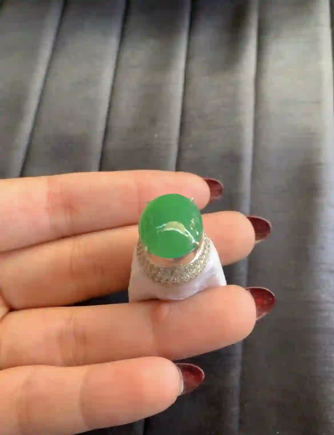   Vivid Rich Green Jade Oval Cabochon Ring with Pave Diamond Halo, view 2 | Myanmar Jadeite reference #2910009