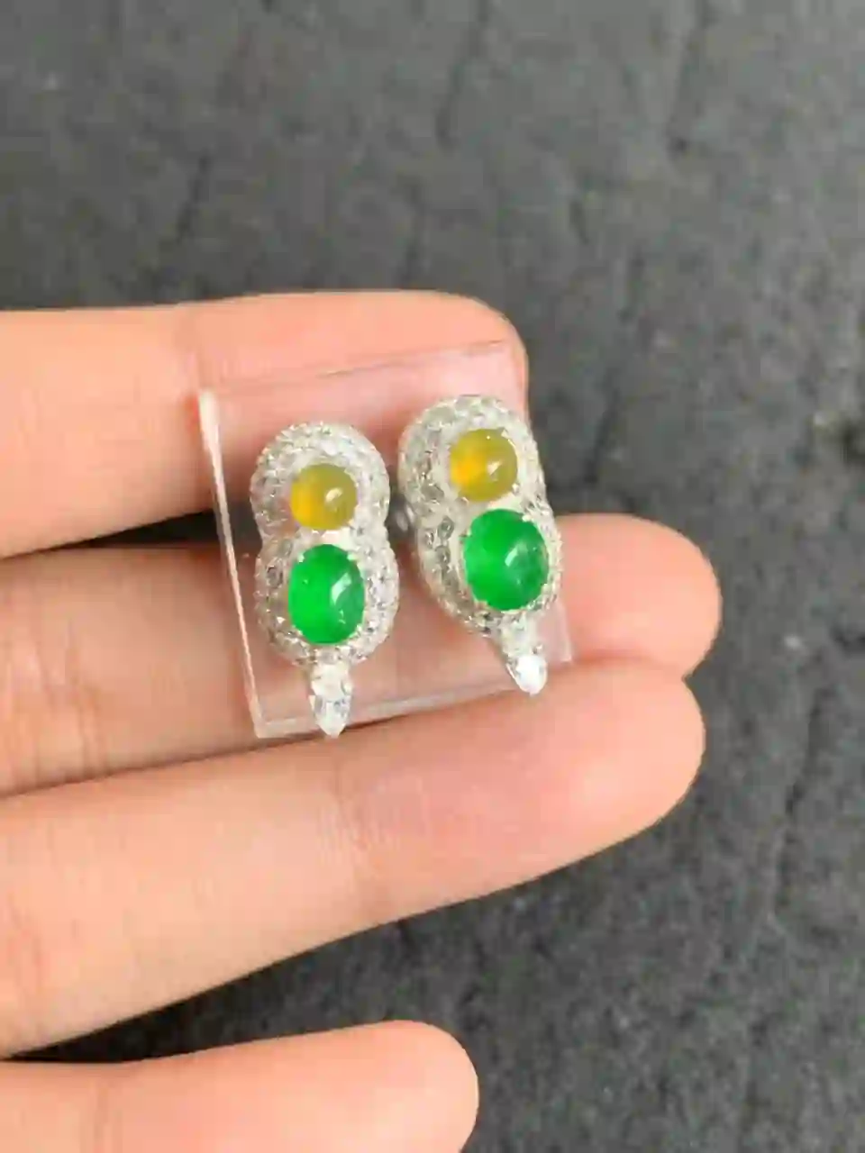 Pair of Silver-Toned Earrings with Green and Yellow Gemstones | Myanmar Jadeite reference #1260009