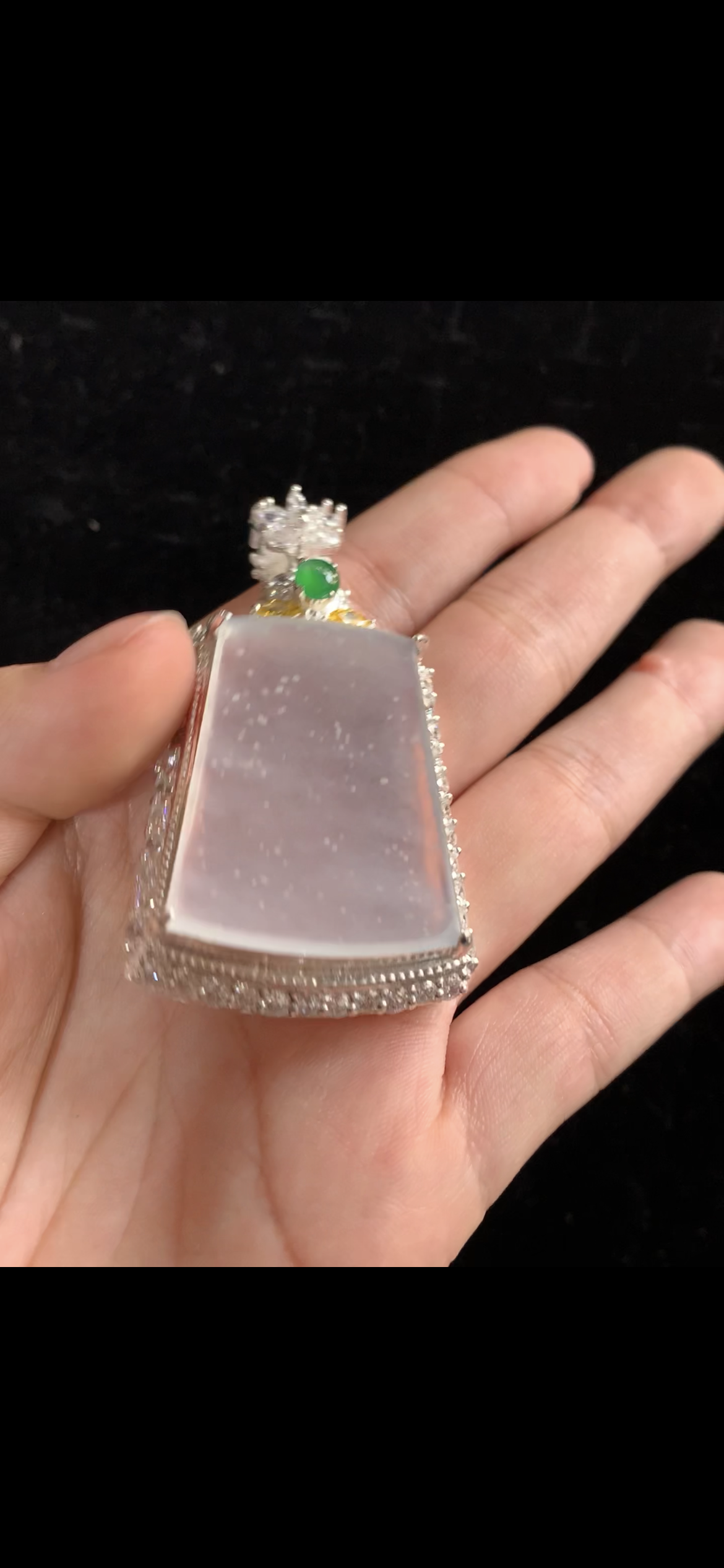 Icy Snowflake Jade Rectangular Plaque Pendant with Diamond Halo