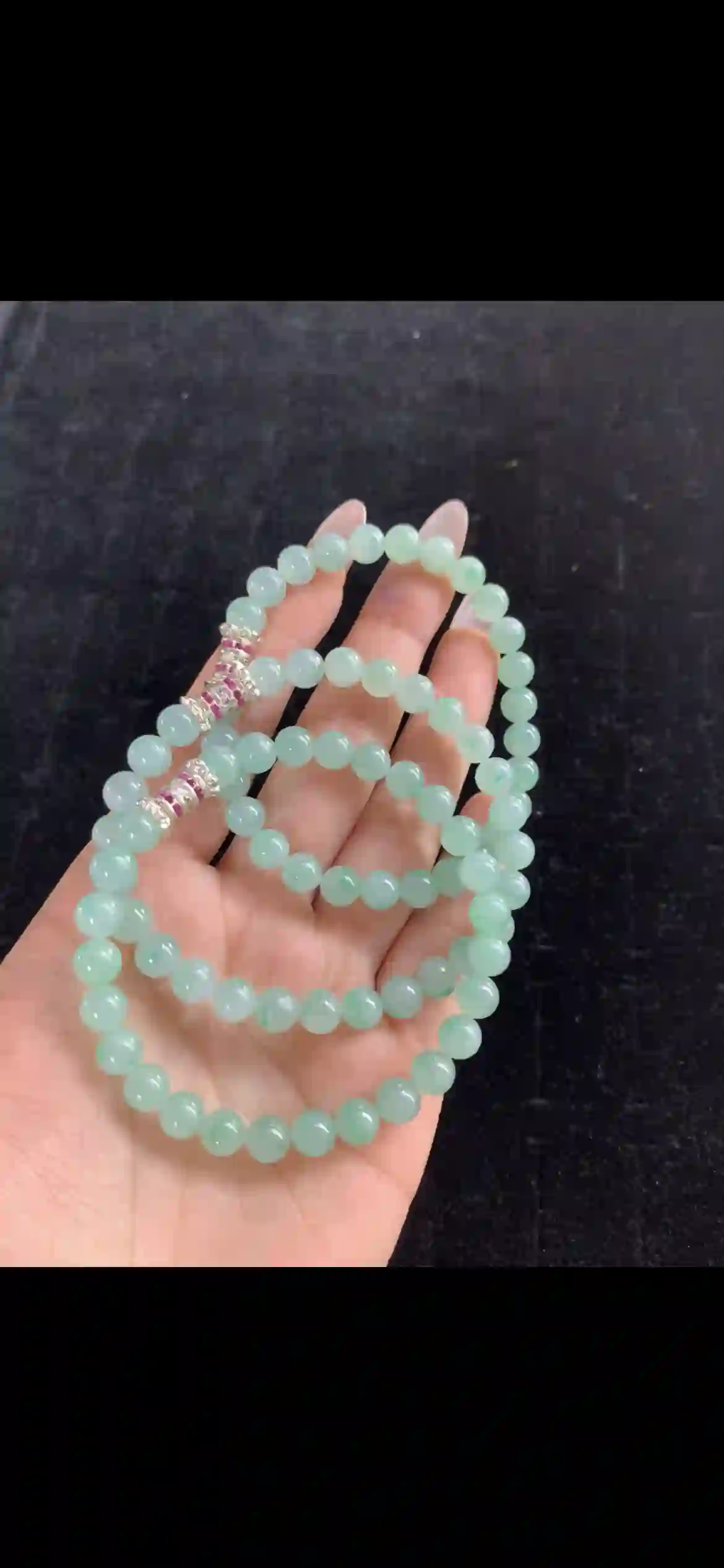 Serene Mint Green Jade Double-Strand Bracelet with Pink Crystal Accents, view 2 | Myanmar Jadeite reference #31950001