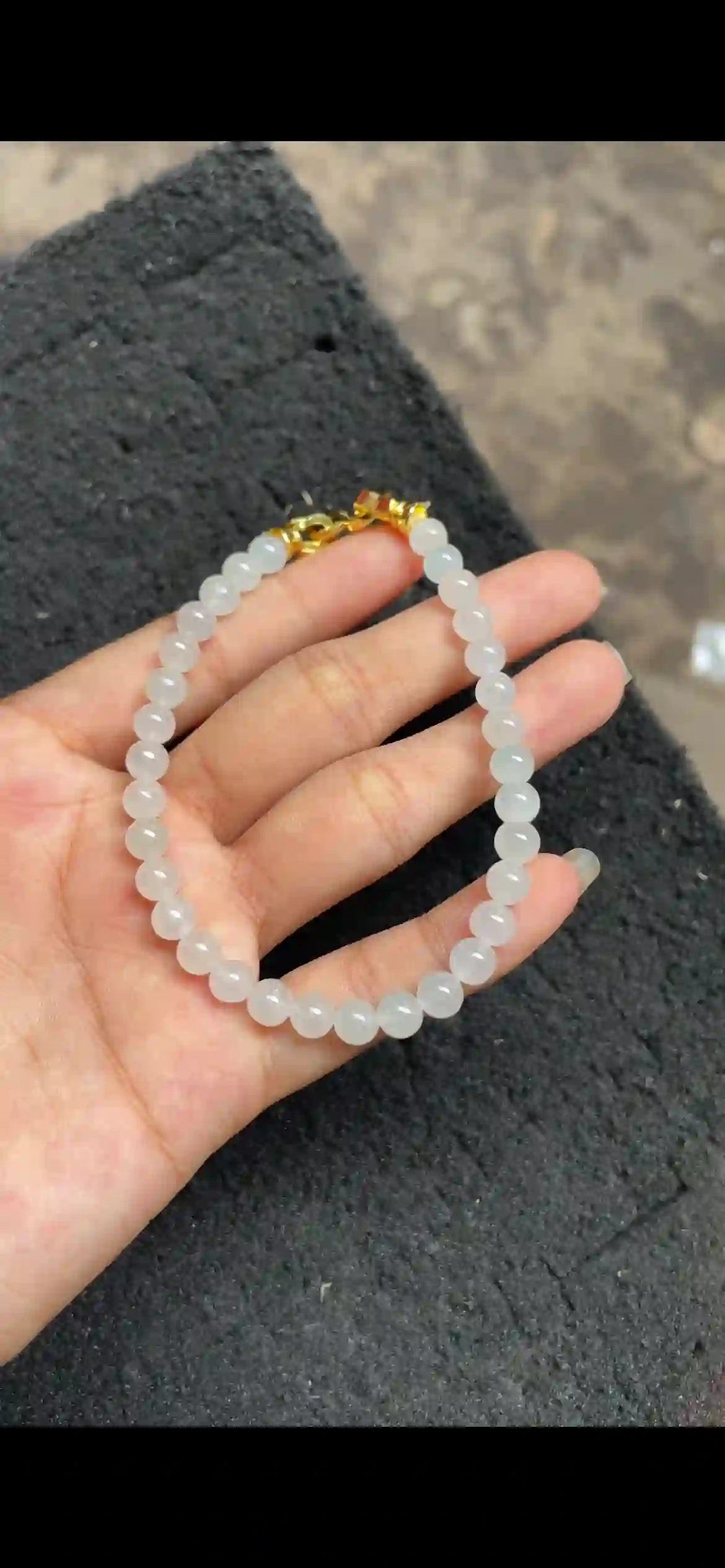   Icy White Translucent Jadeite Beaded Bracelet with Gold Clasp, view 2 | Myanmar Jadeite reference #4500004