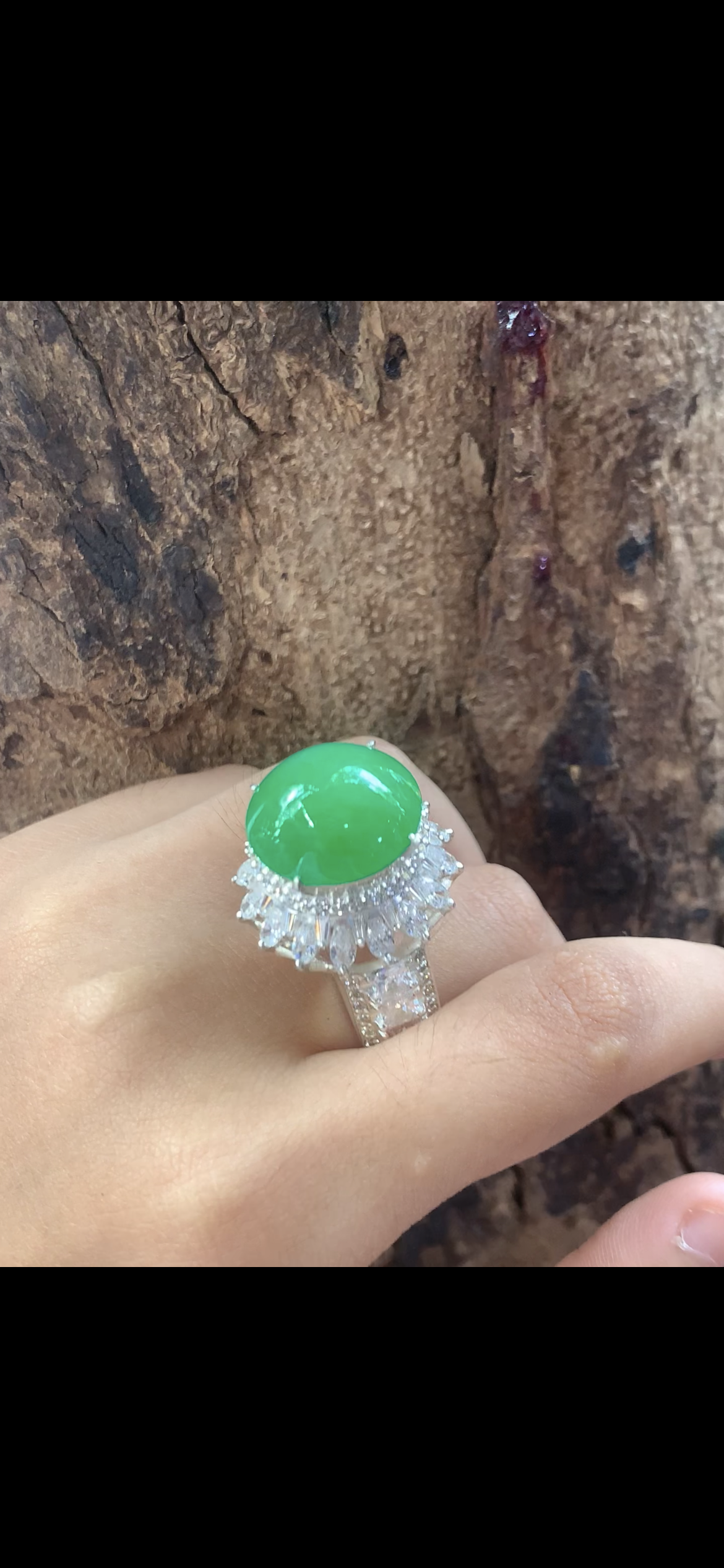 Imperial Green Jade Cabochon Statement Ring with Brilliant Diamond Halo - Burmese Jadeite from Myanmar