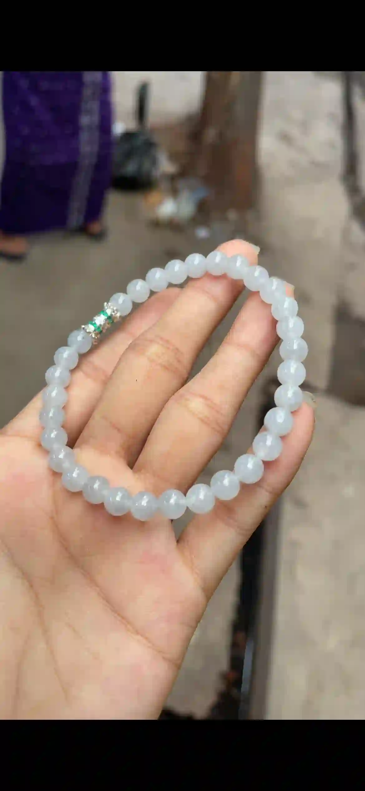 Icy White Jadeite Delicate Bead Bracelet with Gem‑Set Spacer | Myanmar Jadeite reference #9810002