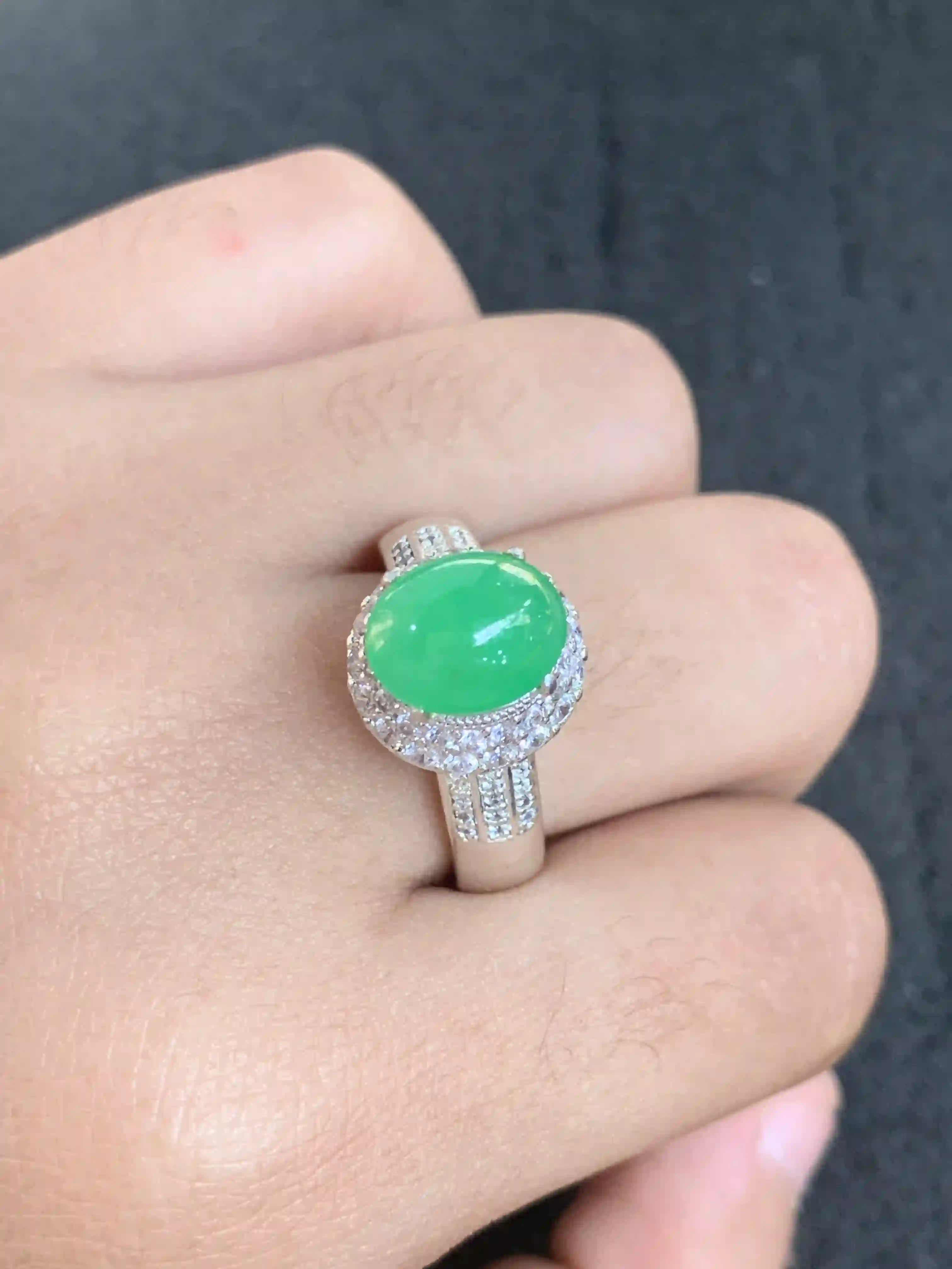  Vivid Green Gemstone Cocktail Ring with Crystal Halo, view 2 | Myanmar Jadeite reference #1200001
