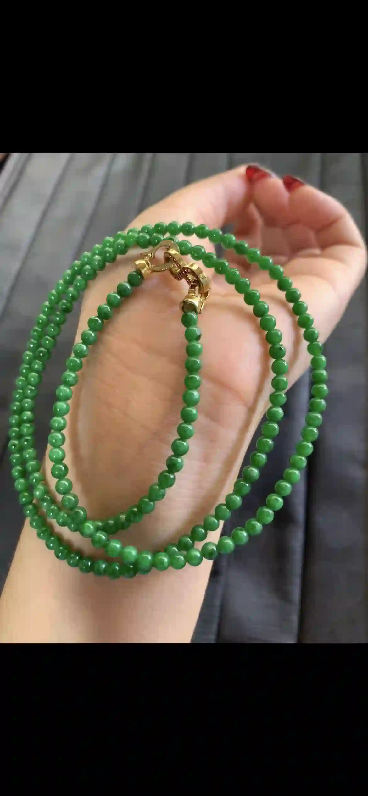 Vibrant Rich Green Jadeite Multi-Layer Beaded Bracelet with Gold Plated Clasp, view 2 | Myanmar Jadeite reference #4170002