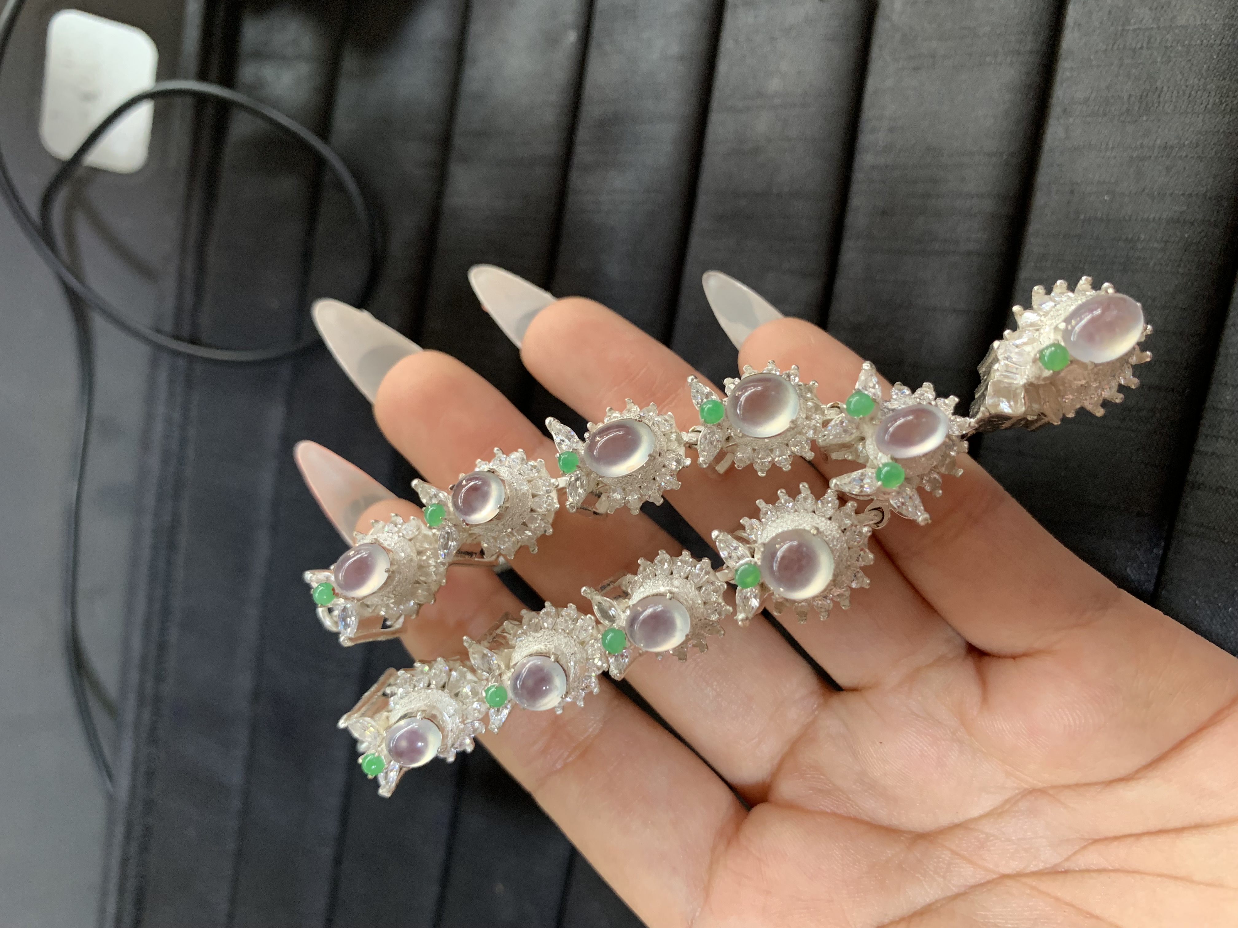 Set of Silver-Toned Bracelets with Translucent & Green Gem Accents - Burmese Jadeite from Myanmar