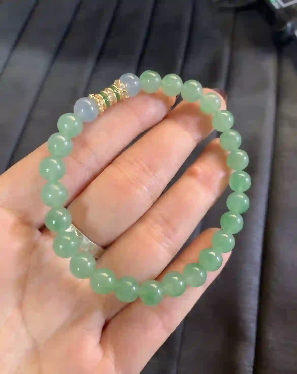 Icy Green Jadeite Beaded Bracelet with Gold Plated Diamond Accent Spacers | Myanmar Jadeite reference #3300001