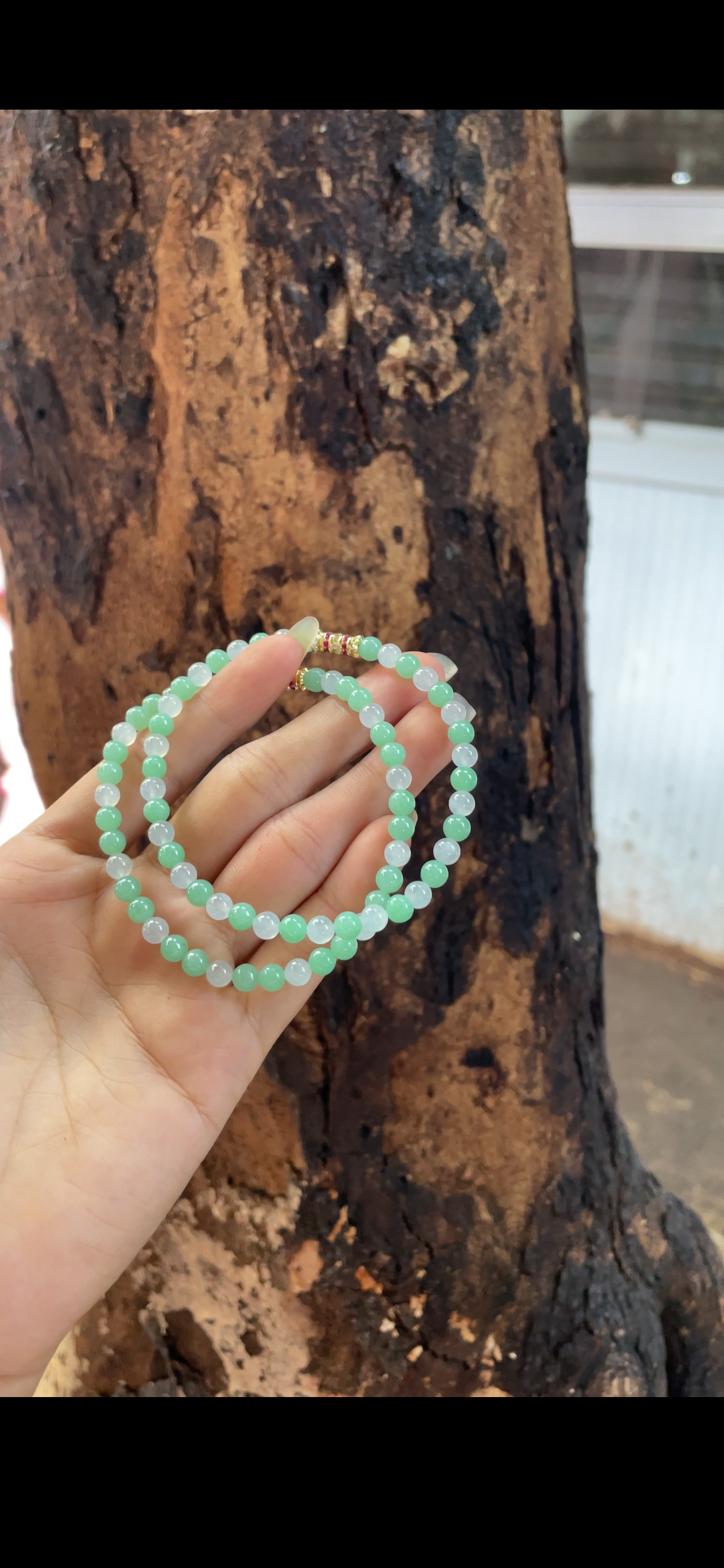 Delicate Apple-Green & White Jade Bead Bracelet — Double Strand with Gold Accent