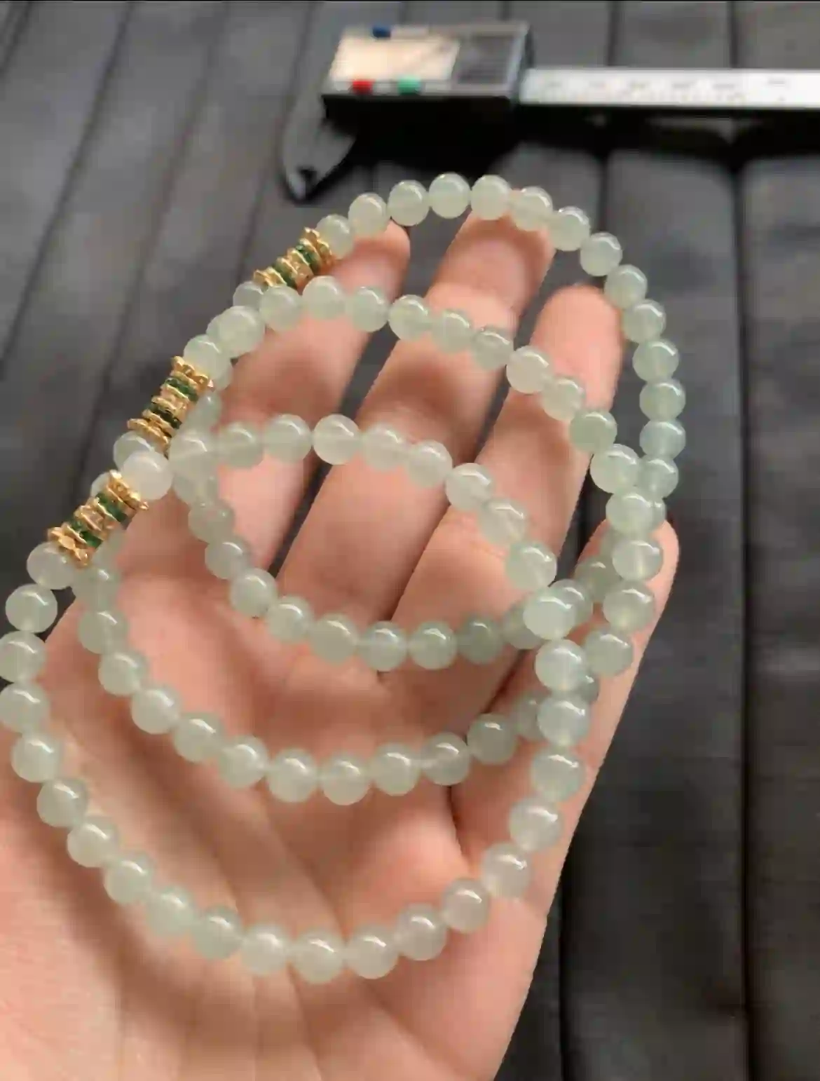   Icy Translucent Green Jade Beaded Necklace with Gold Spacers | Myanmar Jadeite reference #2880009