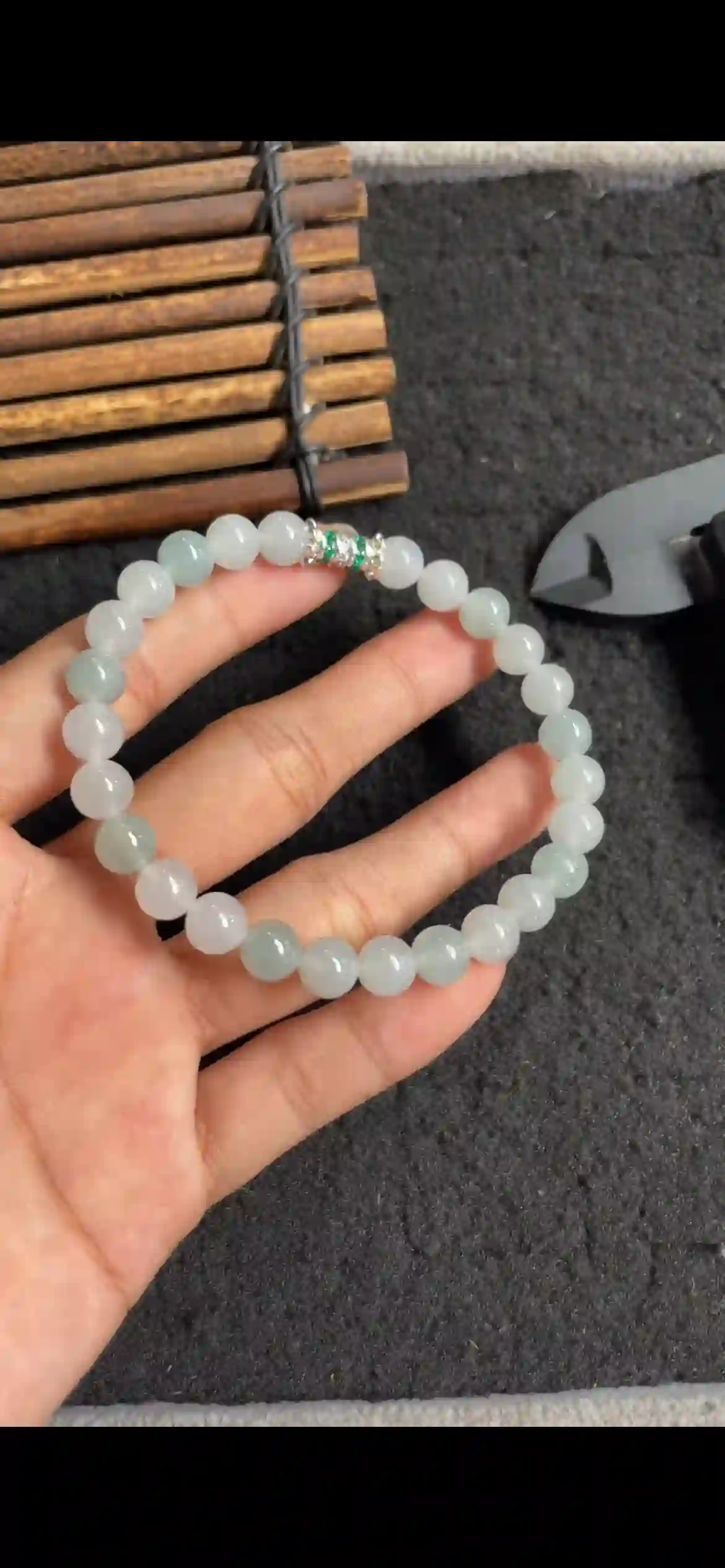 Icy Pale Blue-Green Jade Bead Bracelet with Silver & Emerald Accent Spacer | Myanmar Jadeite reference #5670001
