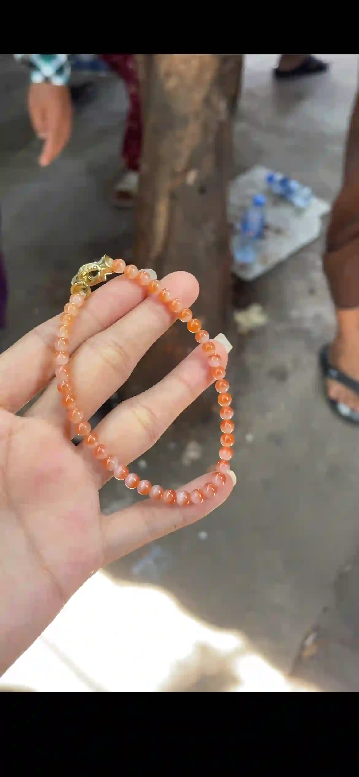 Gradient Orange Red Jade Bead Bracelet with Gold Dragon Clasp | Myanmar Jadeite reference #19020001