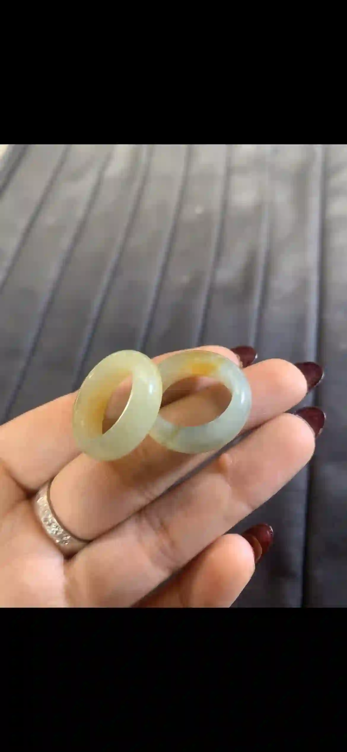  Pair of Natural Icy Yellowish Green Jadeite Band Rings | Myanmar Jadeite reference #6780001