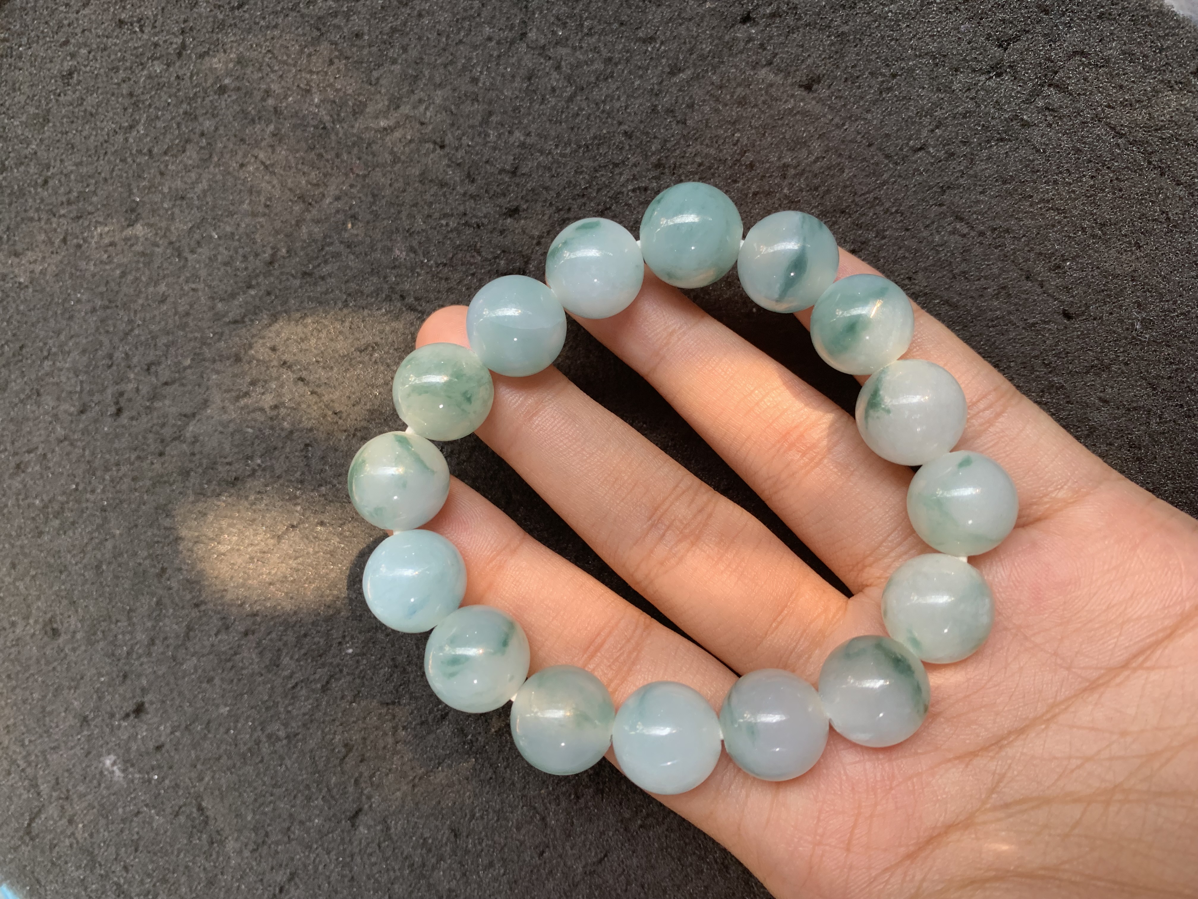 Light Blue-Green Translucent Jade Beaded Bracelet with Natural Floral Inclusions - Burmese Jadeite Type A from Hpakant, Myanmar | Myanmar Jadeite