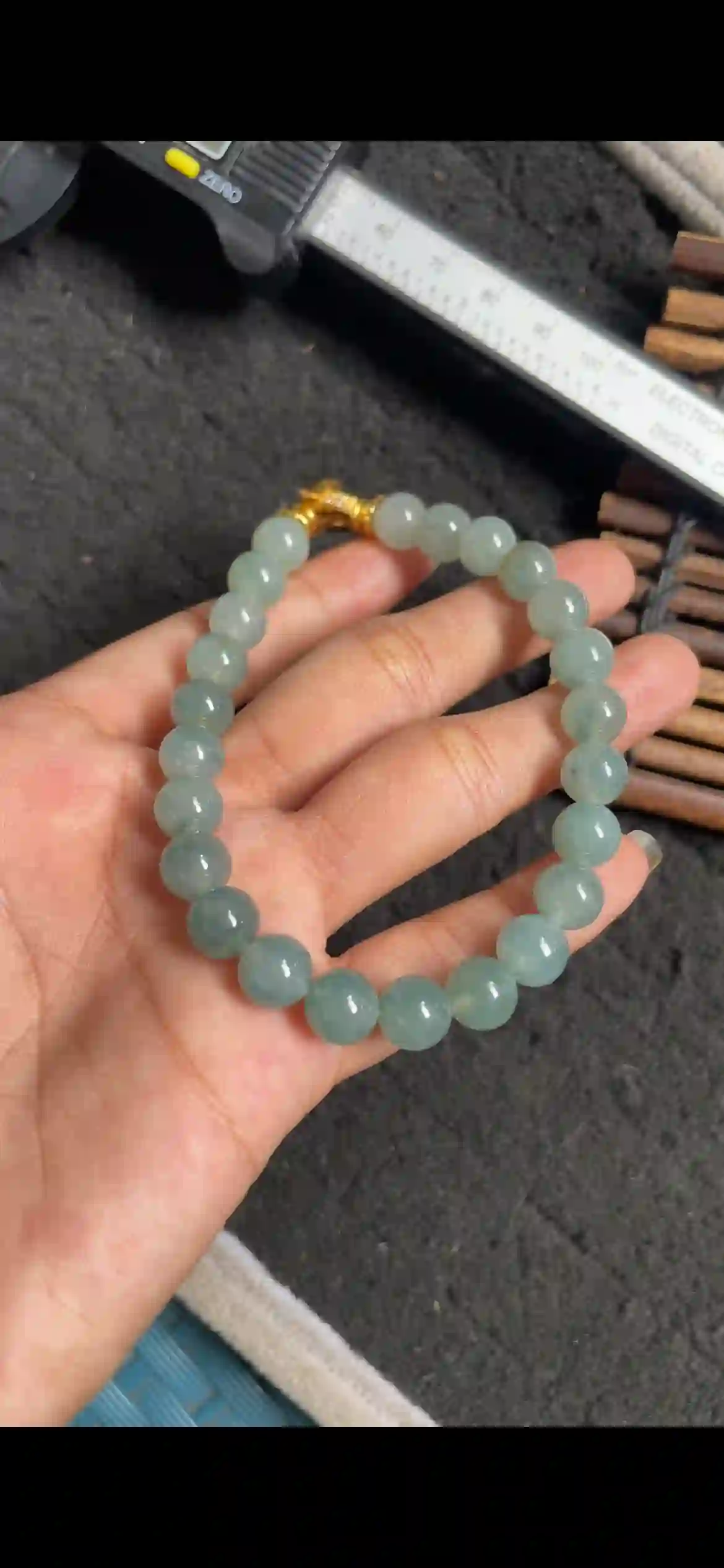  Icy Translucent Blue-Green Jade Bead Bracelet with Gold Decorative Clasp, view 2 | Myanmar Jadeite reference #4980001
