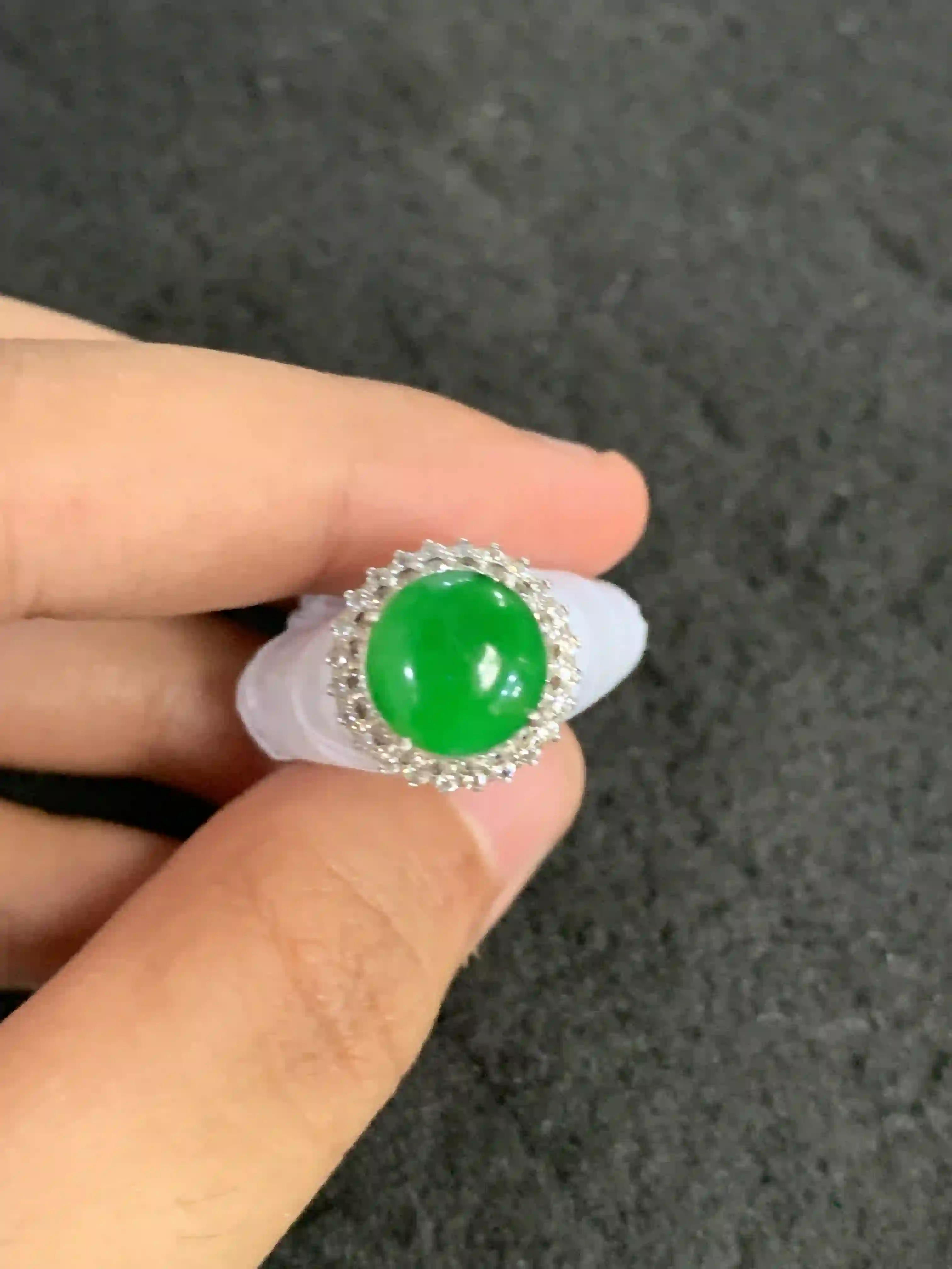  Natural Imperial Green Jade Ring with Diamond Halo, view 2 | Myanmar Jadeite reference #1830006