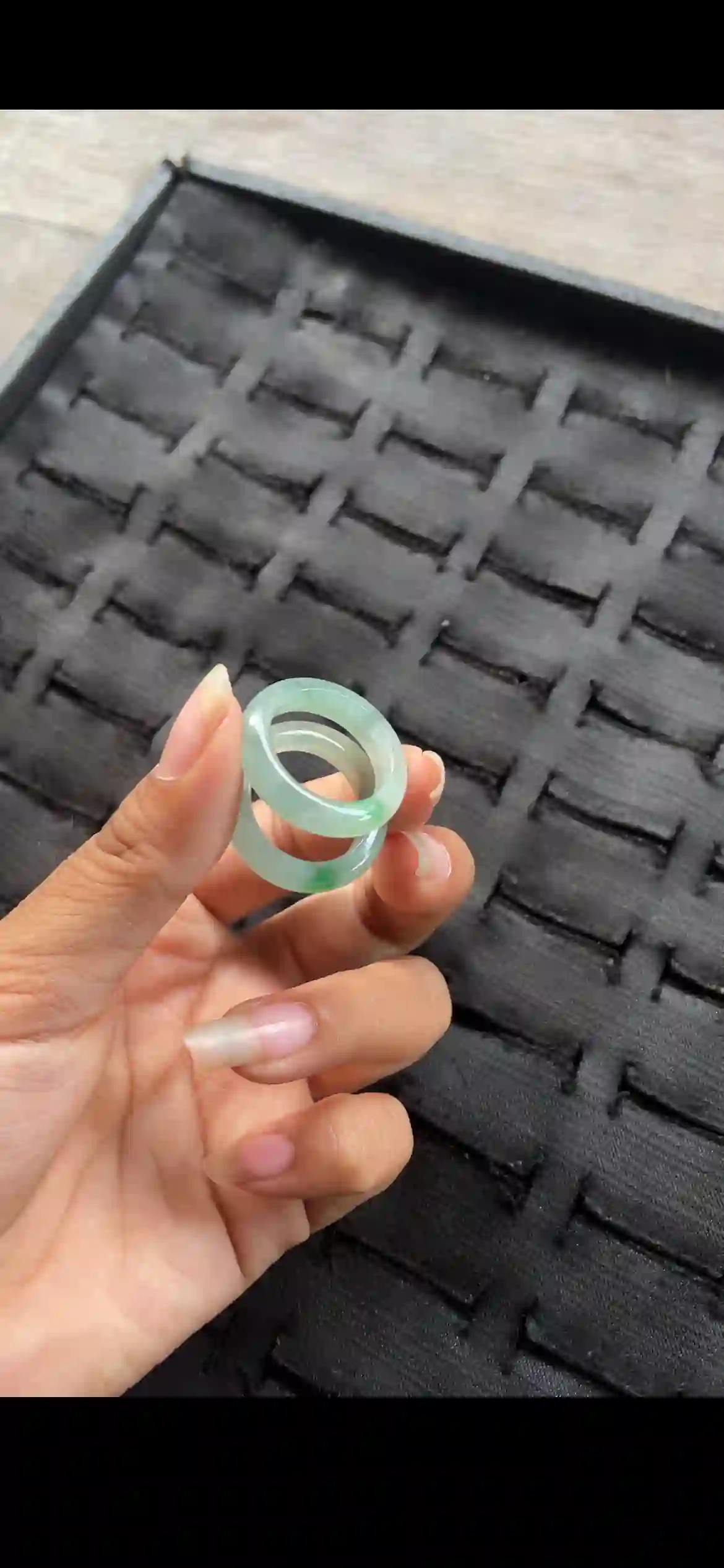 Matching Pair of Icy Floating Green Jadeite Band Rings | Myanmar Jadeite reference #23970001
