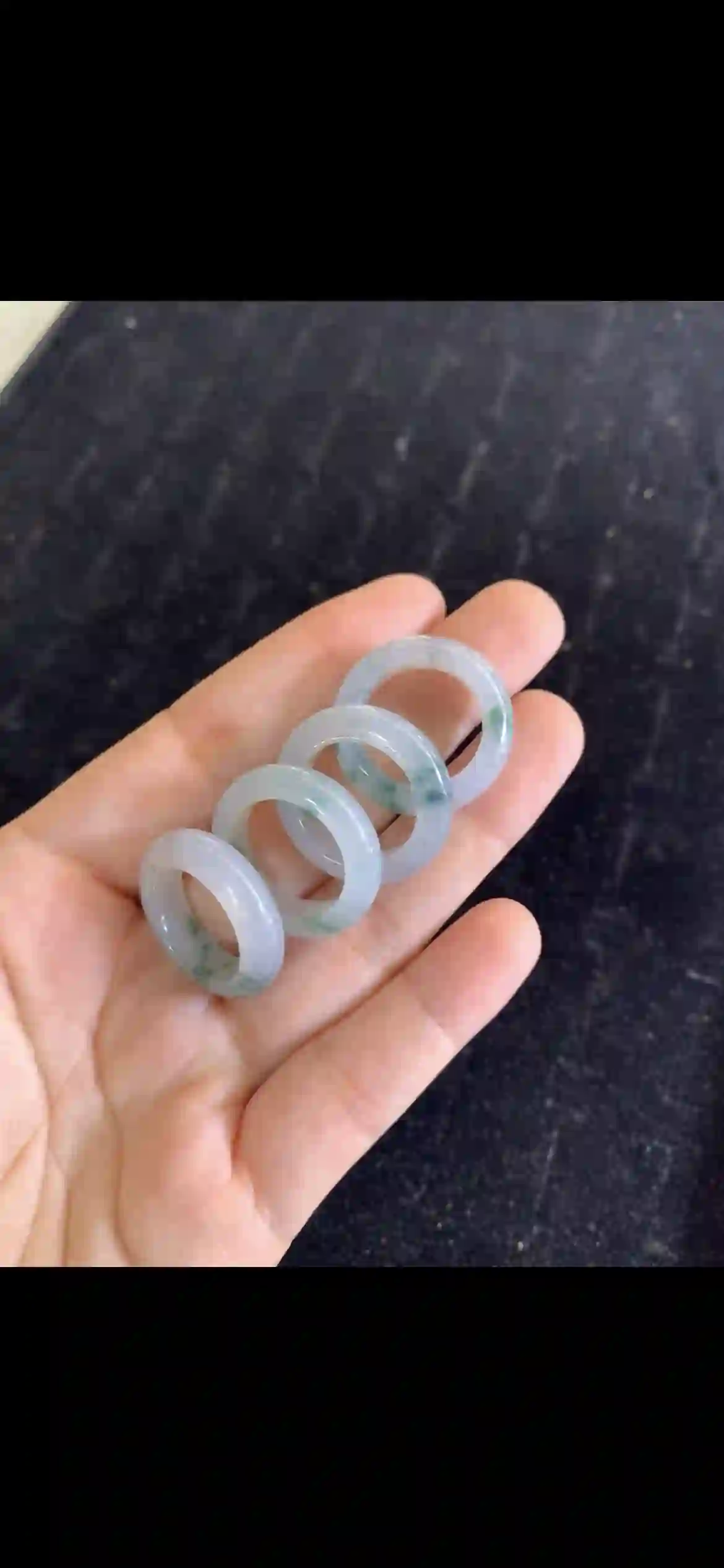 Set of Icy Floating Green Jadeite Band Rings, view 2 | Myanmar Jadeite reference #18300001