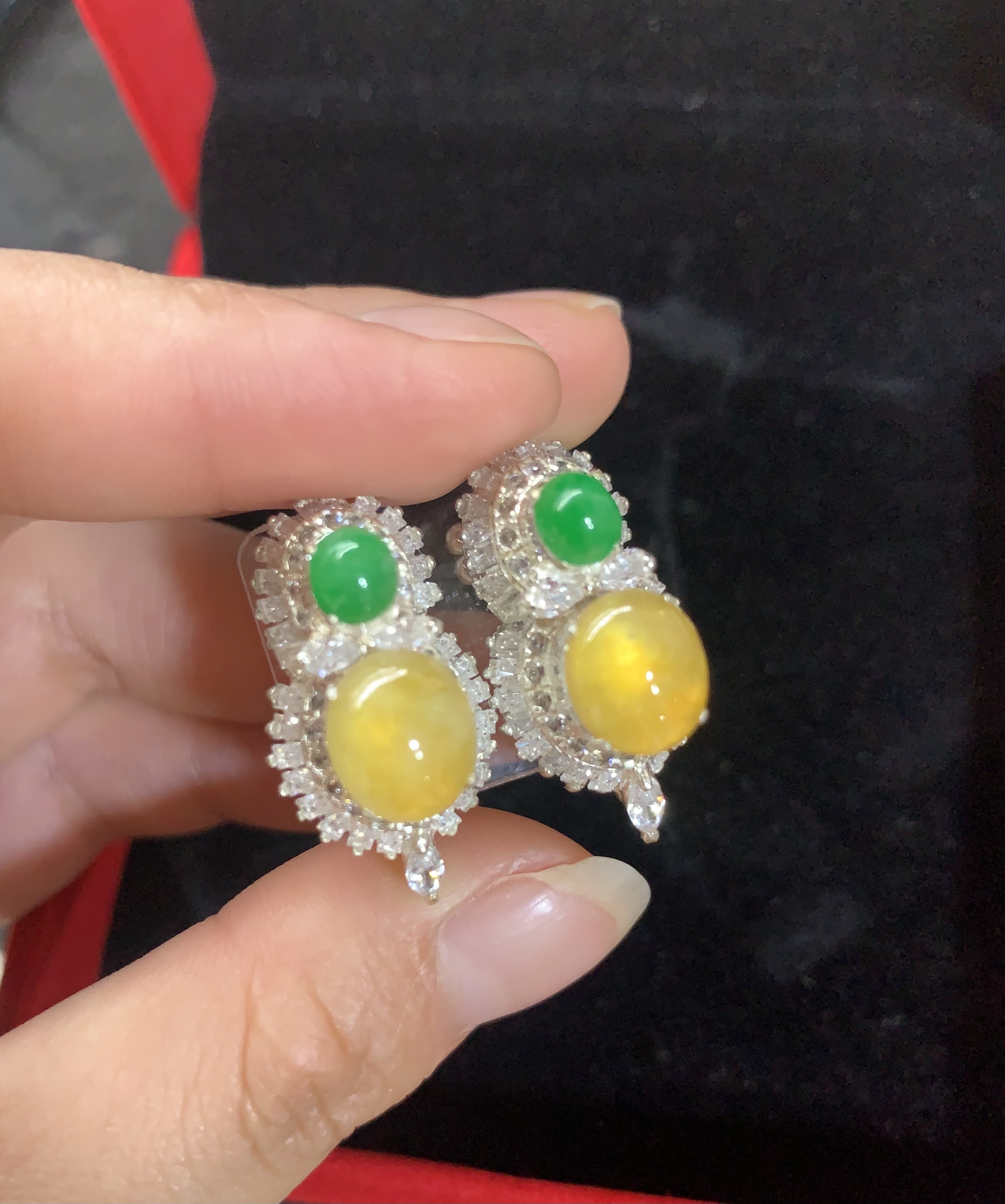 Pair of Yellow and Green Jadeite Earrings with Diamond-like Halo