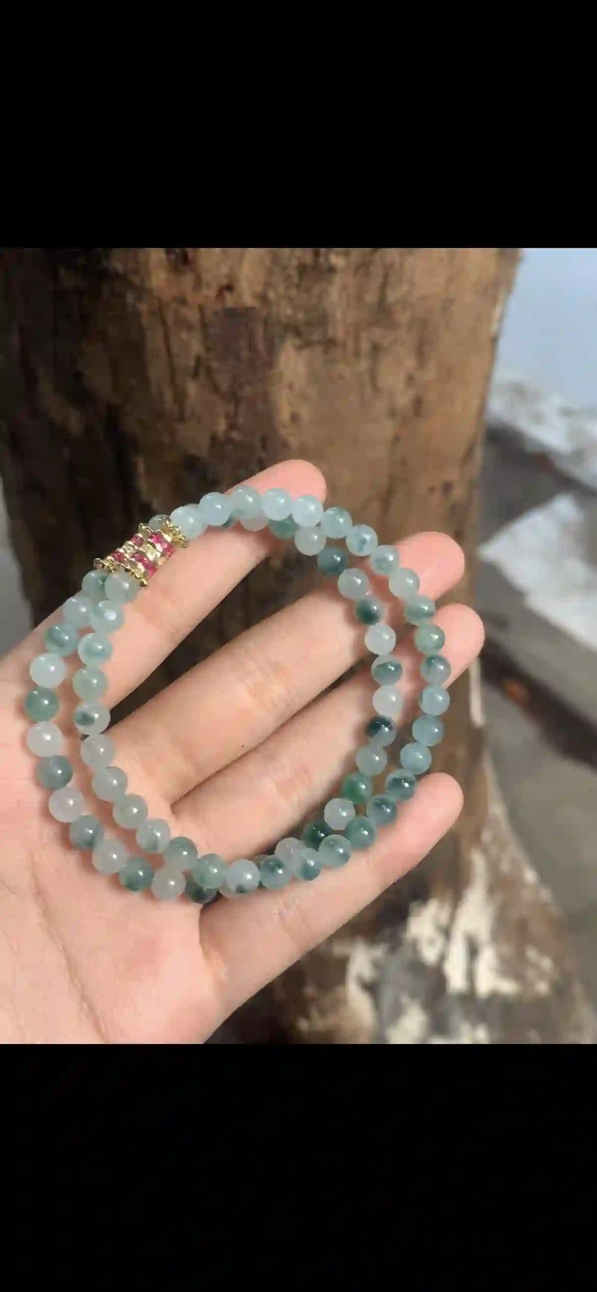 Icy Floating Green Jadeite Beaded Bracelet — Ruby & Gold Accent Spacer | Myanmar Jadeite reference #30480001