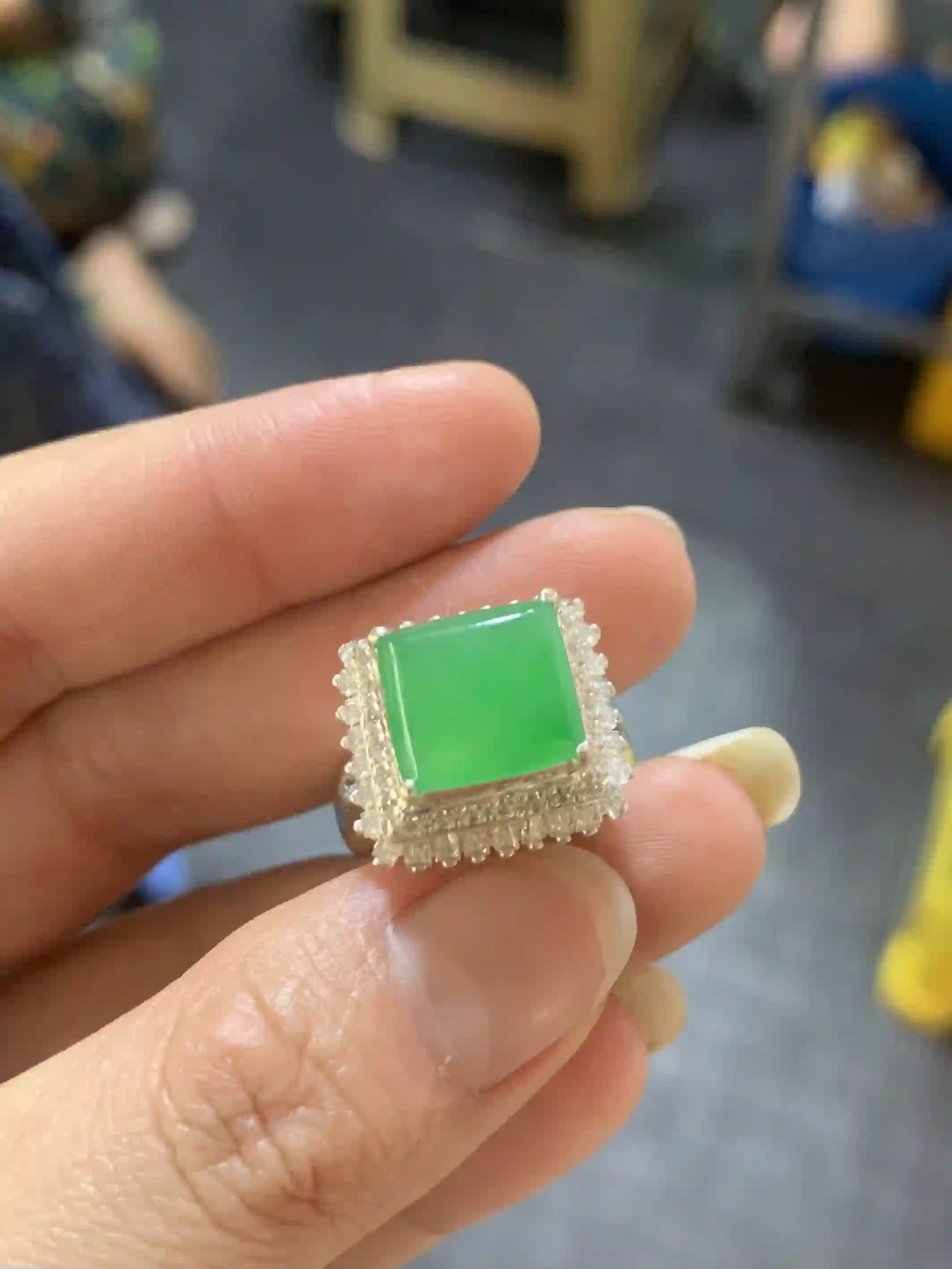 Vivid Green Square Gemstone Ring with Crystal Halo Setting | Myanmar Jadeite reference #150003