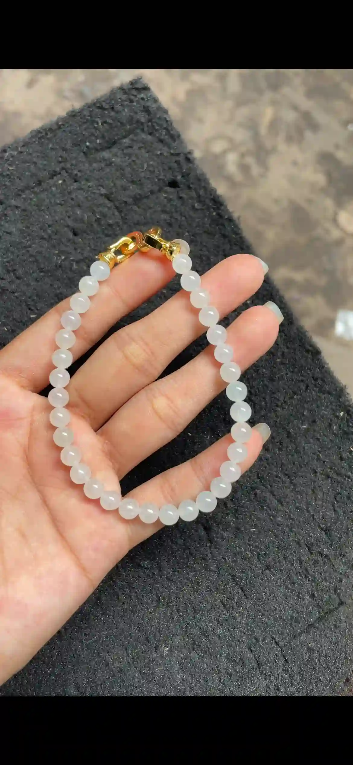   Icy White Translucent Jadeite Beaded Bracelet with Gold Clasp | Myanmar Jadeite reference #4500004