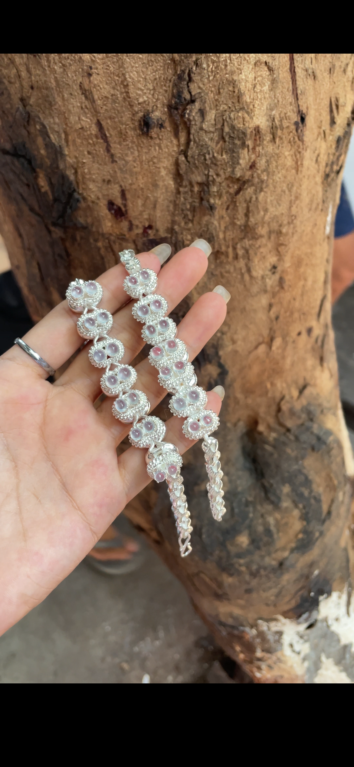 Silver-Tone Pink Opalescent Cabochon Bracelet — Intricate Vintage-Style Design