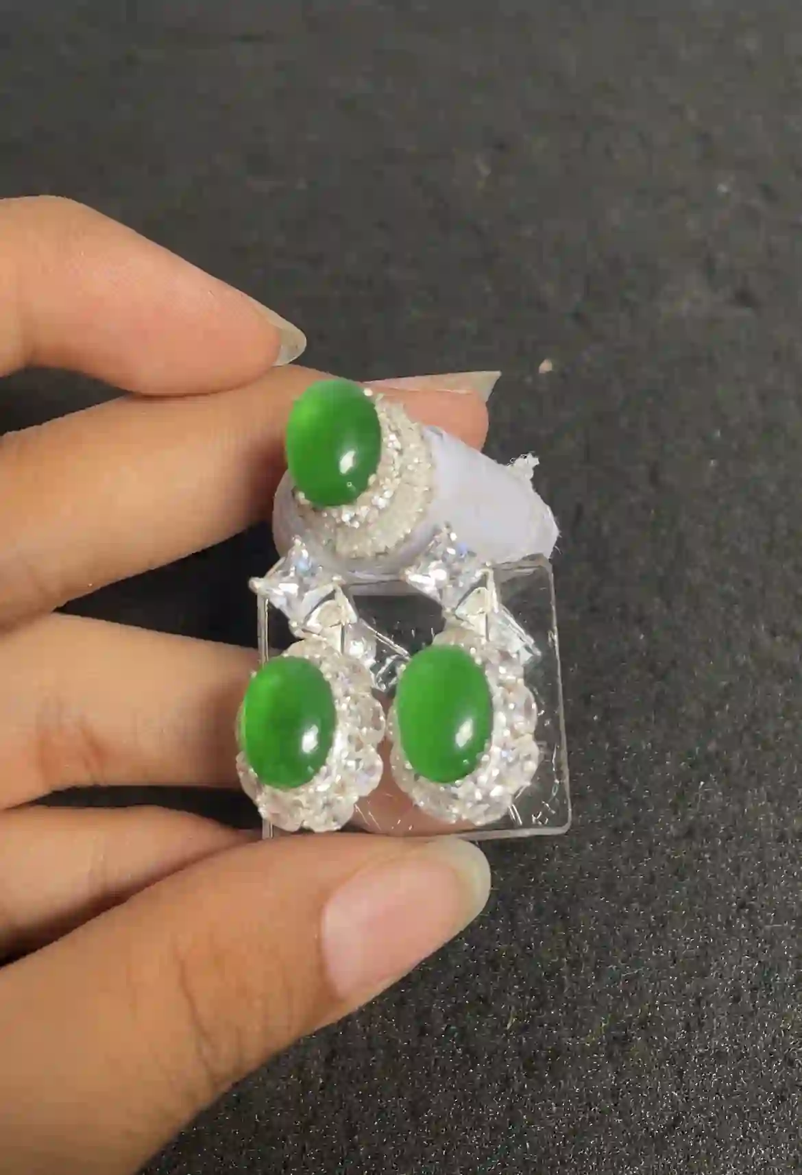 Title  Vibrant Green Jadeite Cabochon Silver Plated Jewelry Set – Ring & Earrings with Sparkling Zircon Accents | Myanmar Jadeite reference #3180001