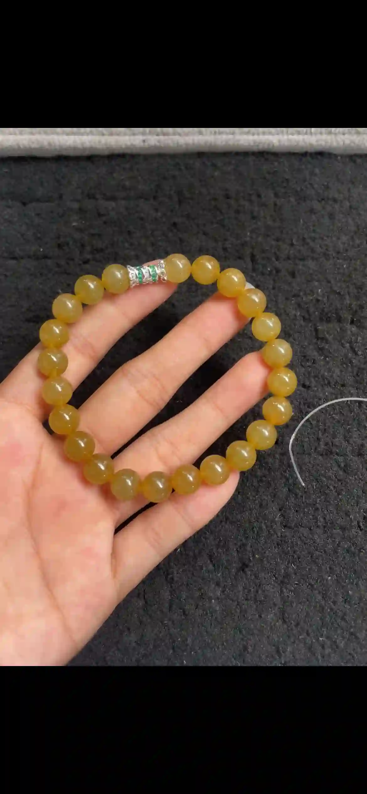  Warm Golden Yellow Jade Bead Bracelet with Silver & Emerald Accent, view 2 | Myanmar Jadeite reference #6090001