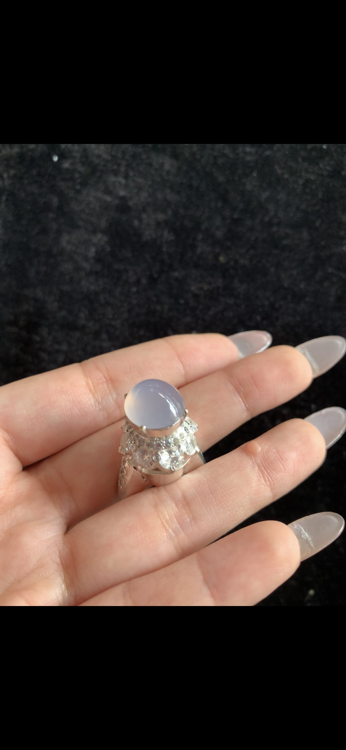 Pale Lavender Icy Jade Cabochon Ring — Diamond Floral Halo in Silver