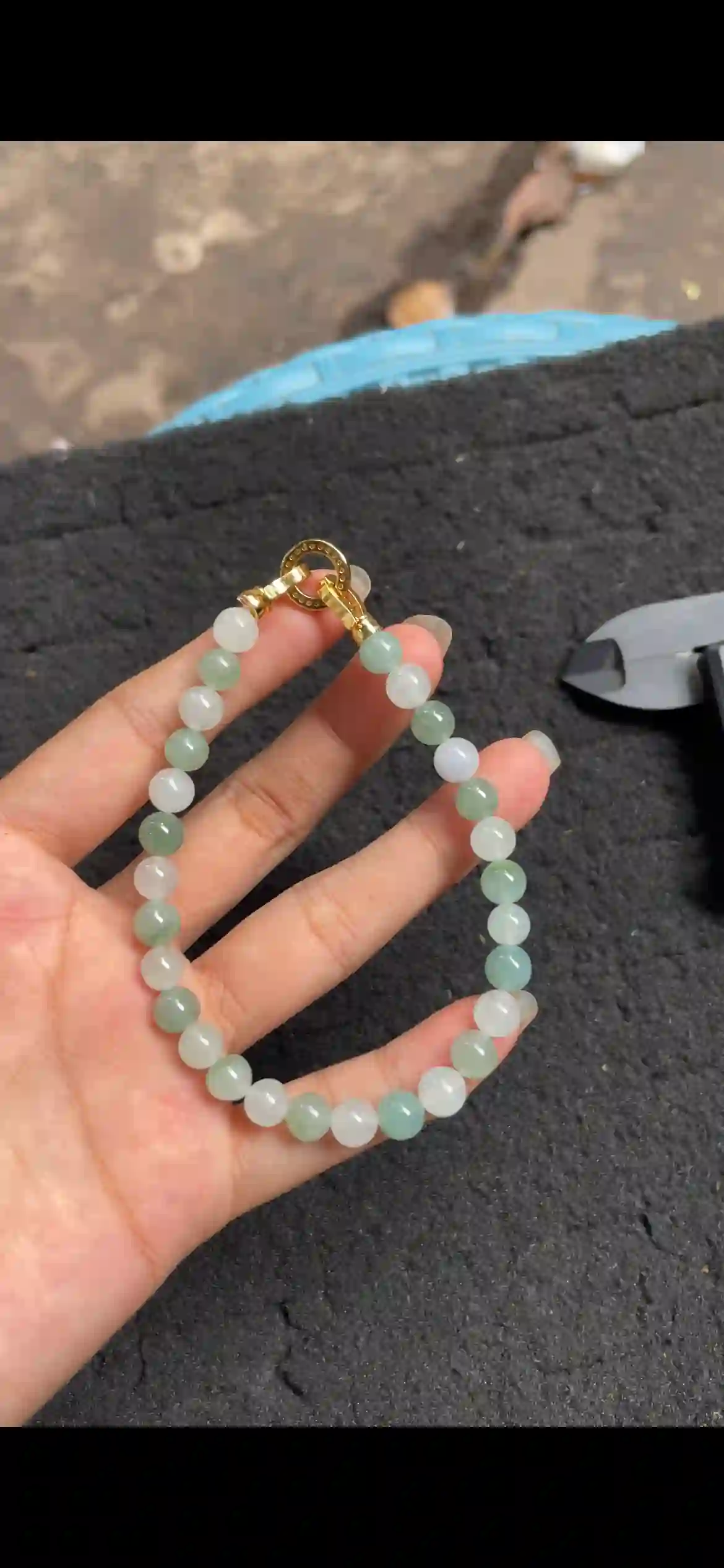 Icy White & Soft Green Gradient Jadeite Beaded Bracelet with Gold Clasp, view 2 | Myanmar Jadeite reference #4500006