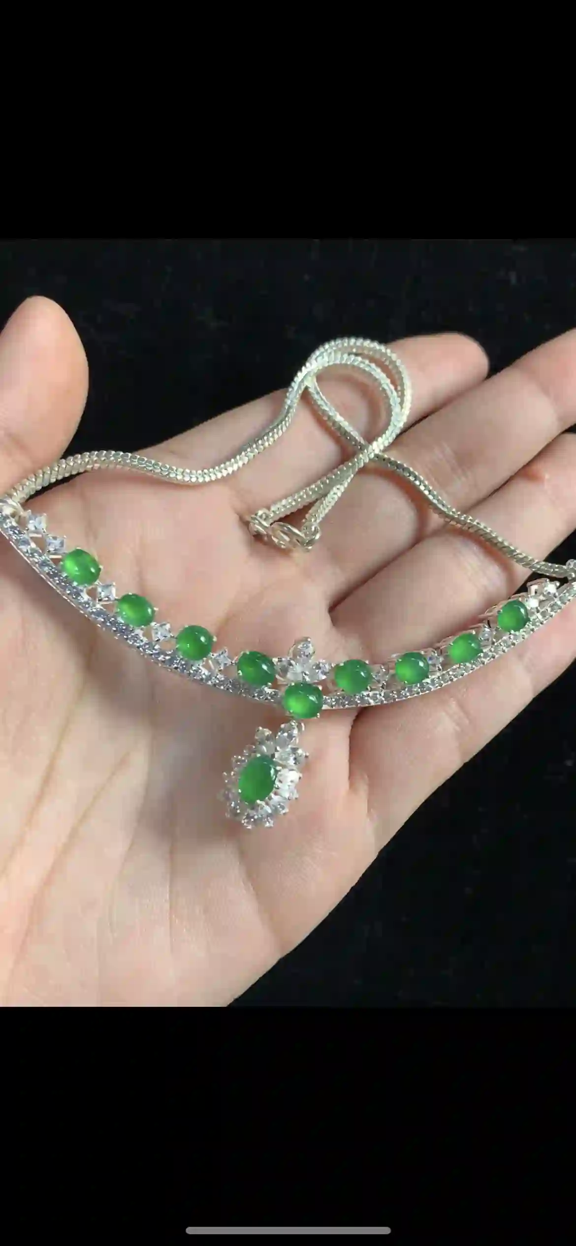 Vibrant Green Jade & Cubic Zirconia Floral Pendant Necklace in Sterling Silver Setting | Myanmar Jadeite reference #36570001