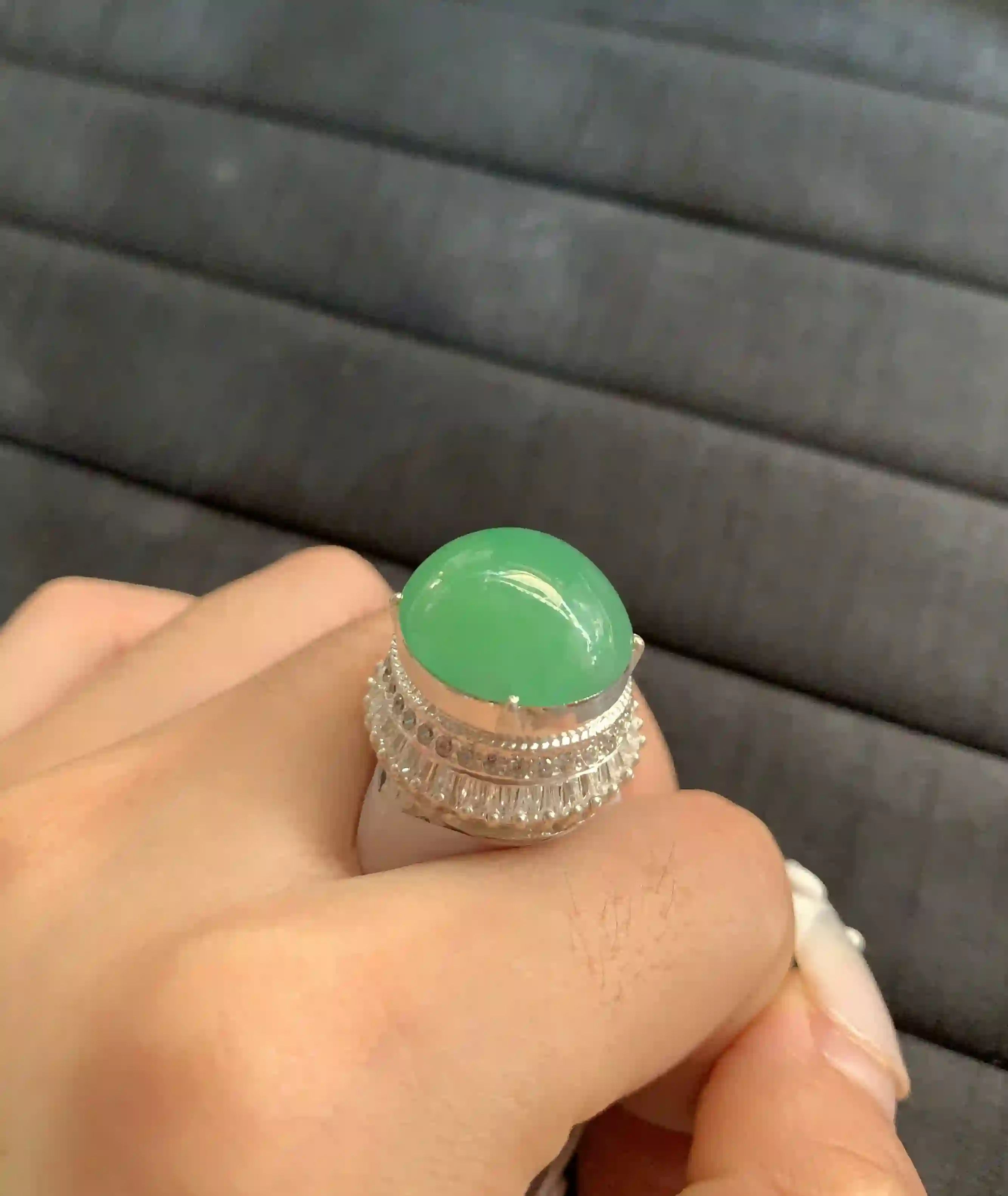   Natural Apple Green Jade Diamond Halo Ring my, view 2 | Myanmar Jadeite reference #1800008