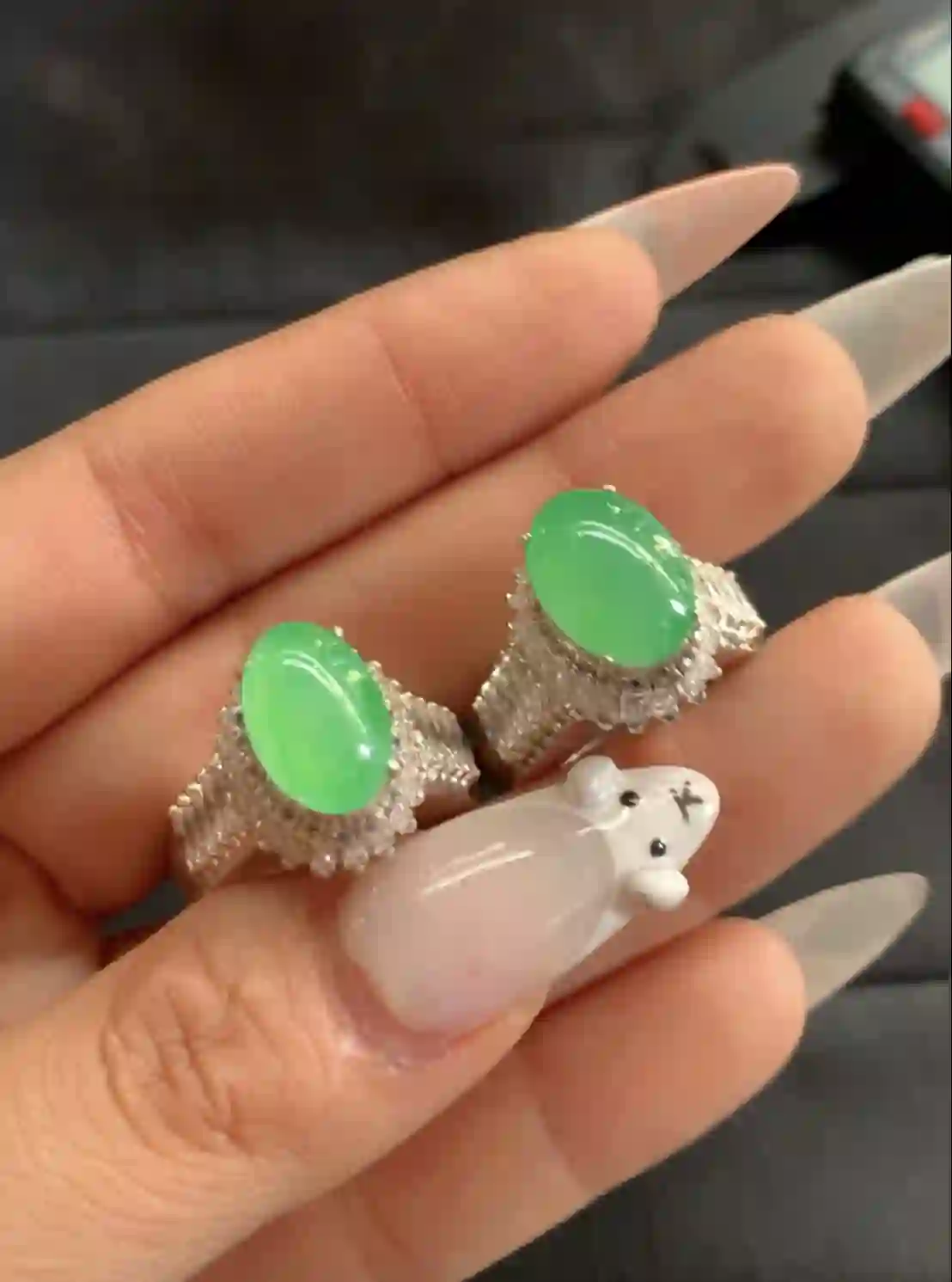 Pair of Vivid Green Gemstone Rings with Crystal-Embellished Bands | Myanmar Jadeite reference #1200002