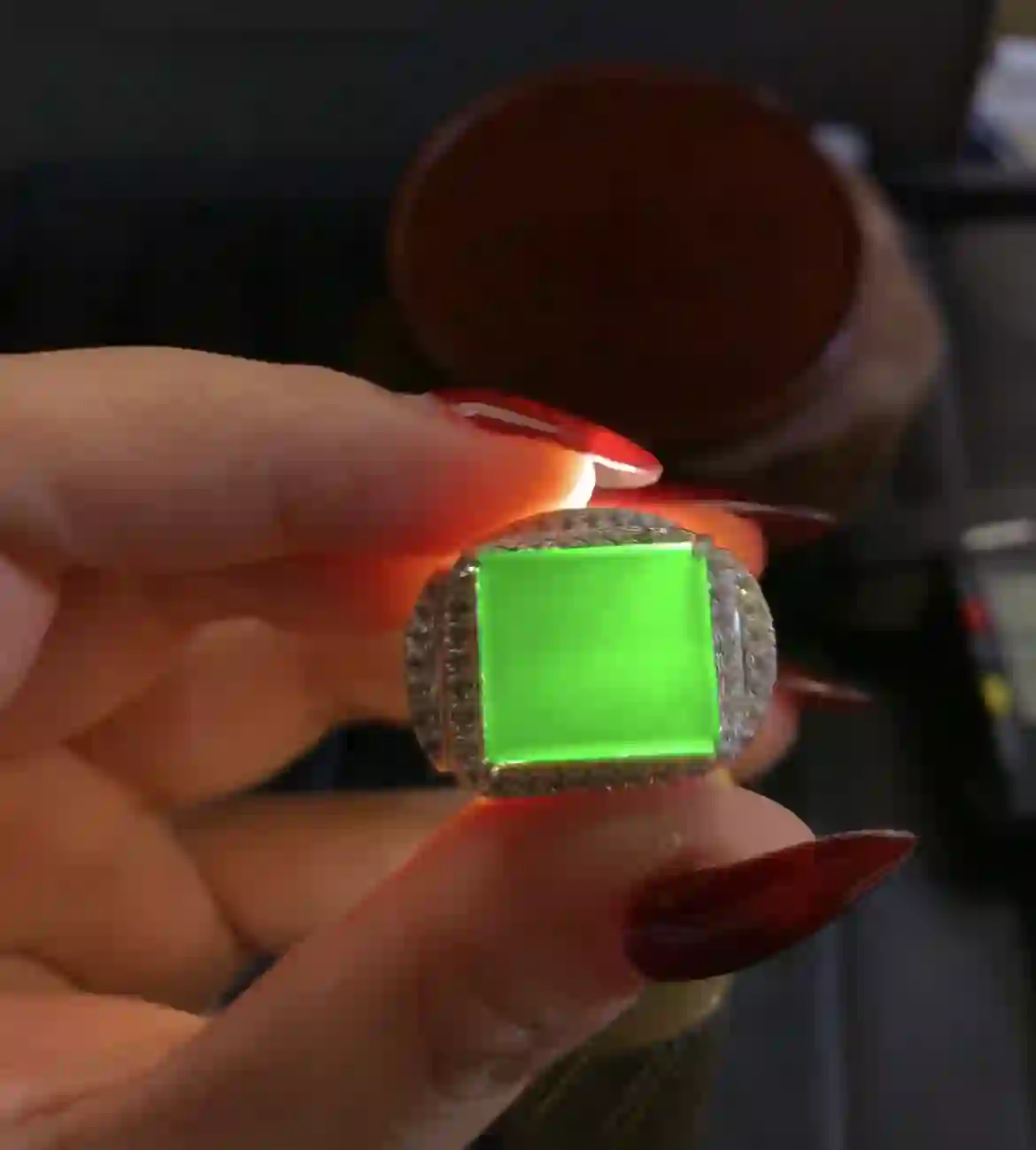 Vibrant Green Square Gemstone Ring with Diamond Accents, view 2 | Myanmar Jadeite reference #2940001