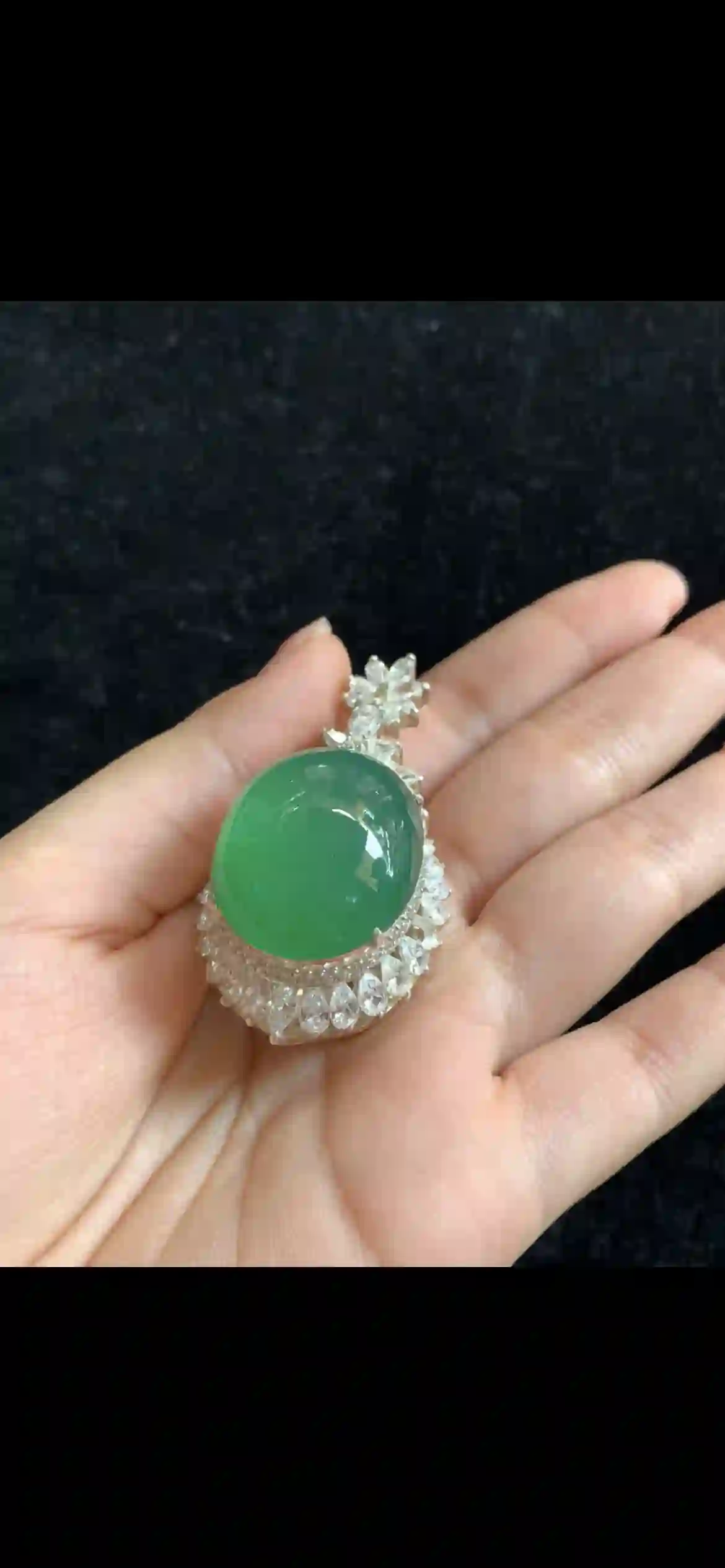 Magnificent Oval Cabochon Green Jade Pendant — Diamond Floral Halo & Accent | Myanmar Jadeite reference #34050001
