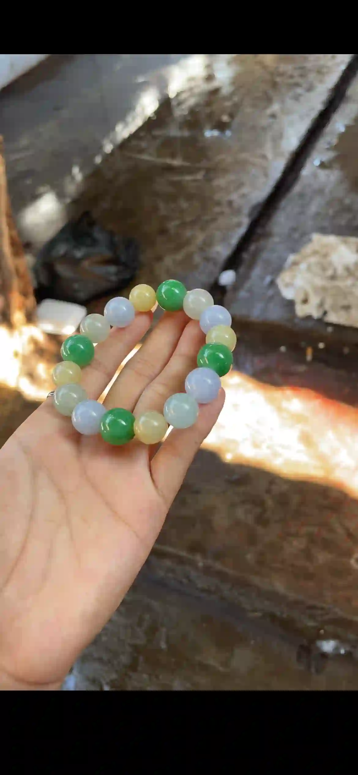 Vibrant Tri-Color Jadeite Beaded Bracelet — Green, Lavender & Golden Yellow Jade, view 2 | Myanmar Jadeite reference #29790001