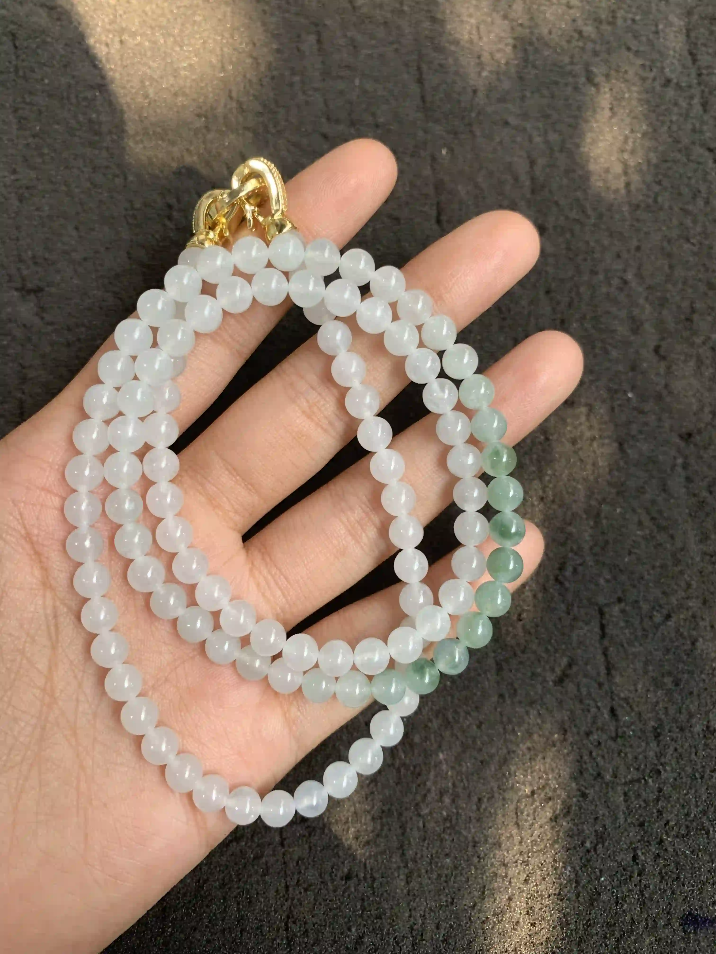 Gradient White-to-Green Jade Beaded Multi-strand Necklace with Gold Clasp | Myanmar Jadeite reference #510008
