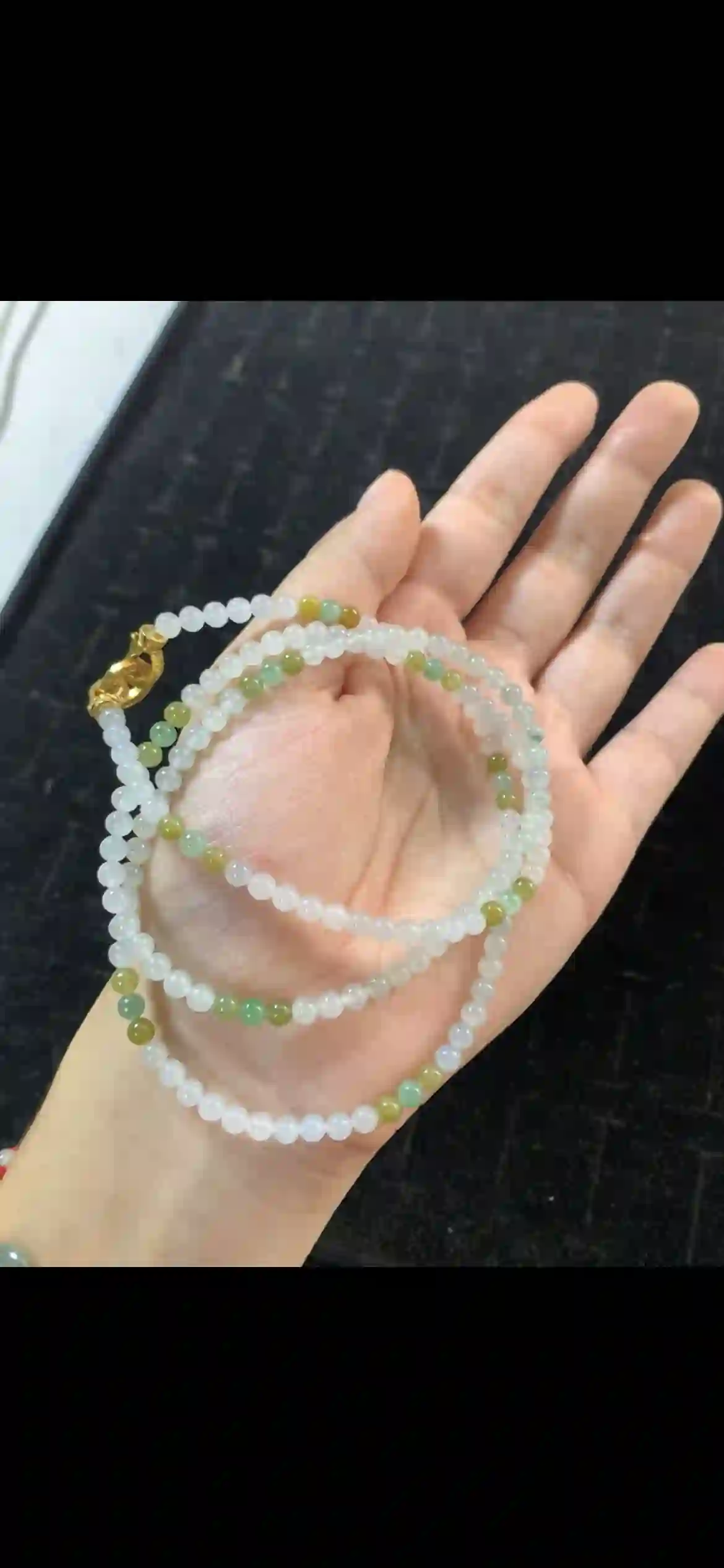 Icy White Jadeite Bead Long Necklace with Soft Green & Golden Yellow Accents — Gold Dragon Clasp, view 2 | Myanmar Jadeite reference #20760001