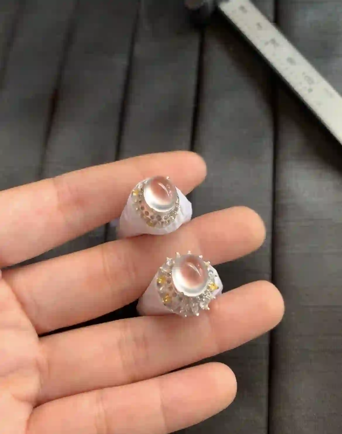   Natural Icy White Jade Ring Pair with Yellow Sapphire Accents | Myanmar Jadeite reference #2550001