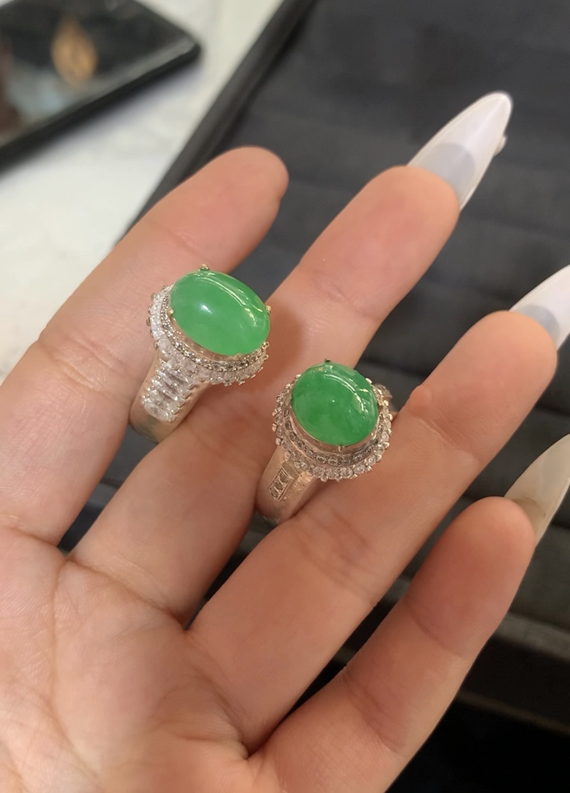 Natural Vivid Green Jade Diamond Halo Ring