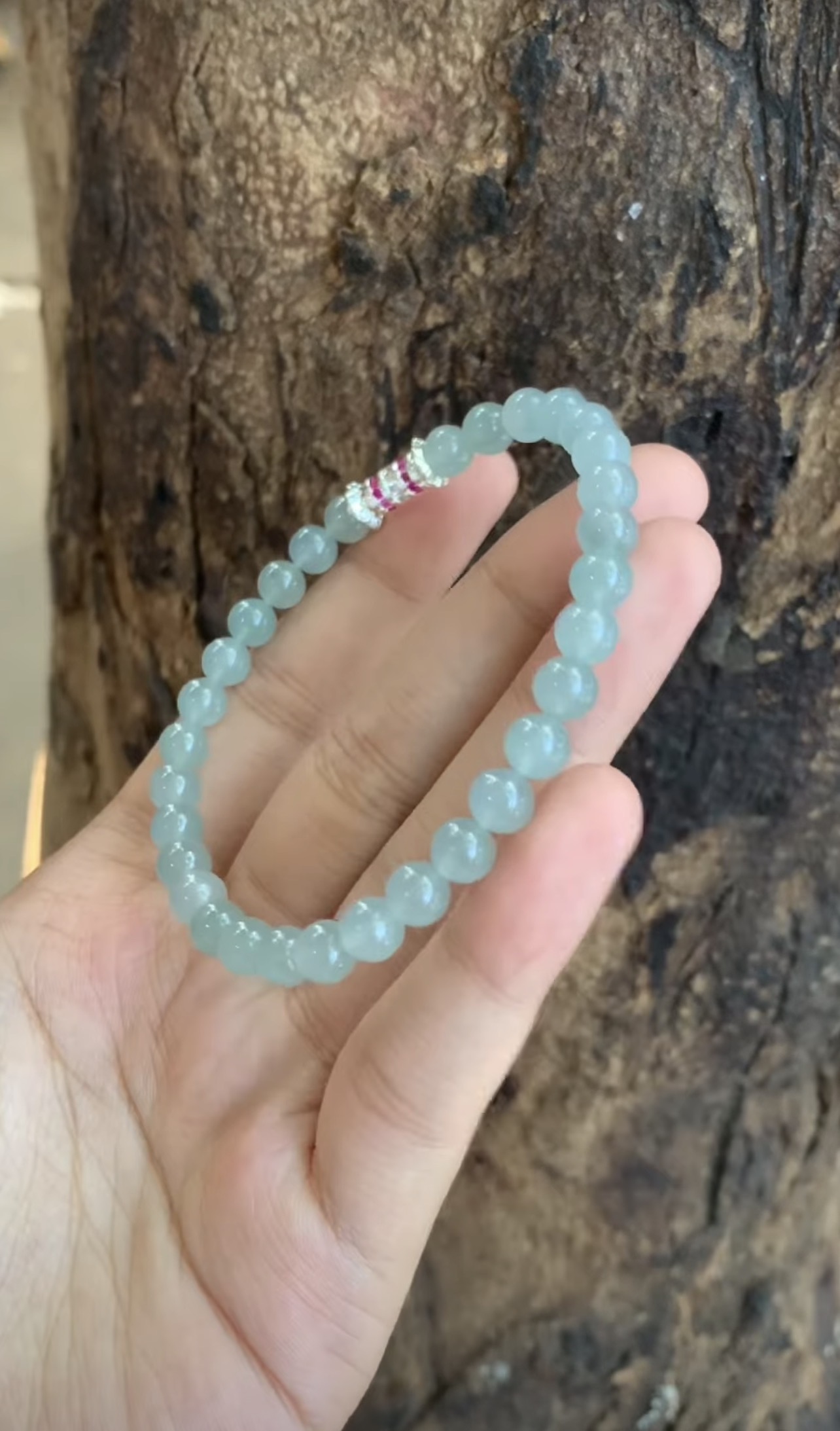 Natural Ice Light Green Jadeite Bead Bracelet with Silver Accent | Myanmar Jadeite reference #37650002