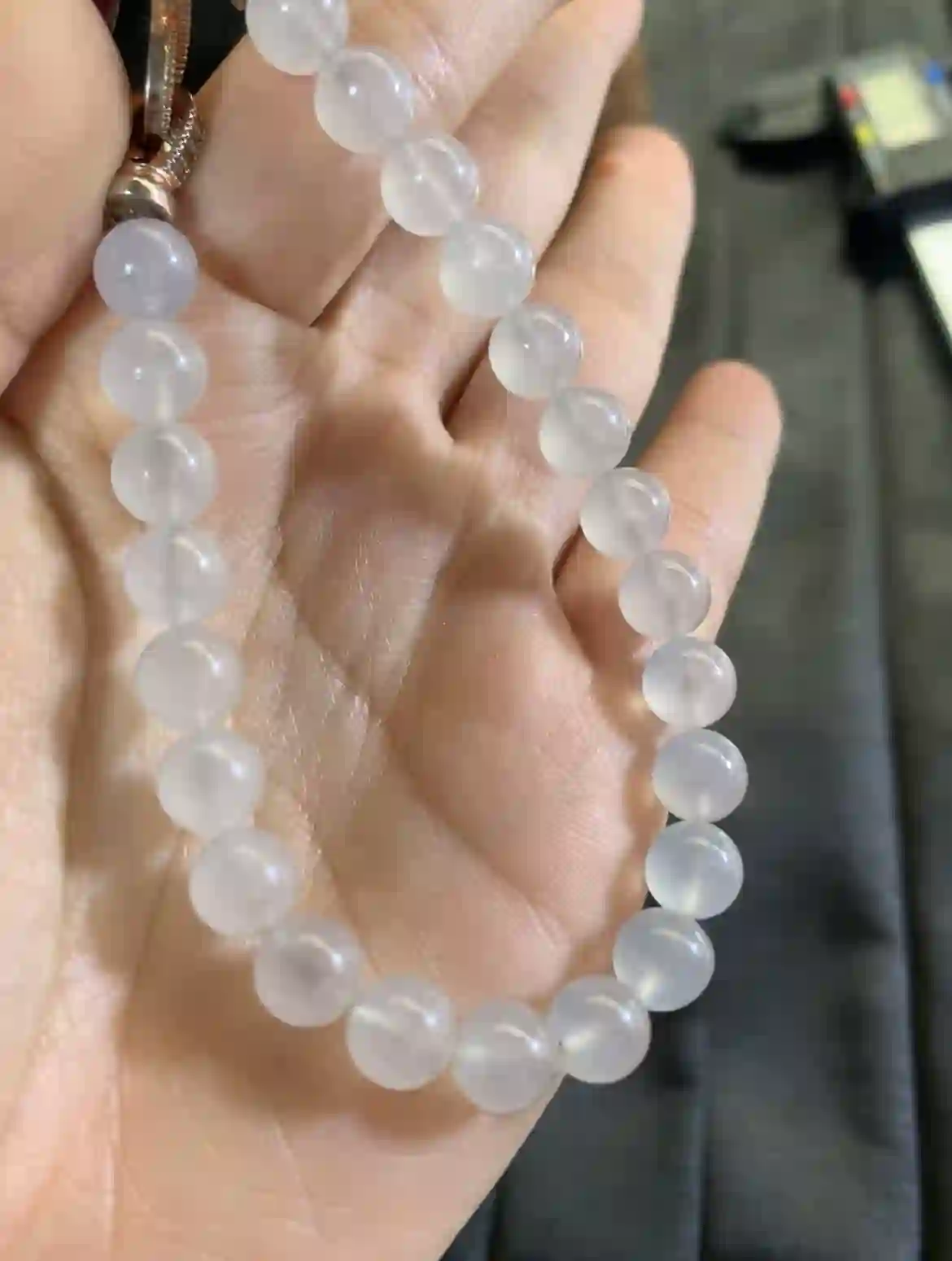 Icy Translucent White Jade Bead Bracelet, view 2 | Myanmar Jadeite reference #2820006