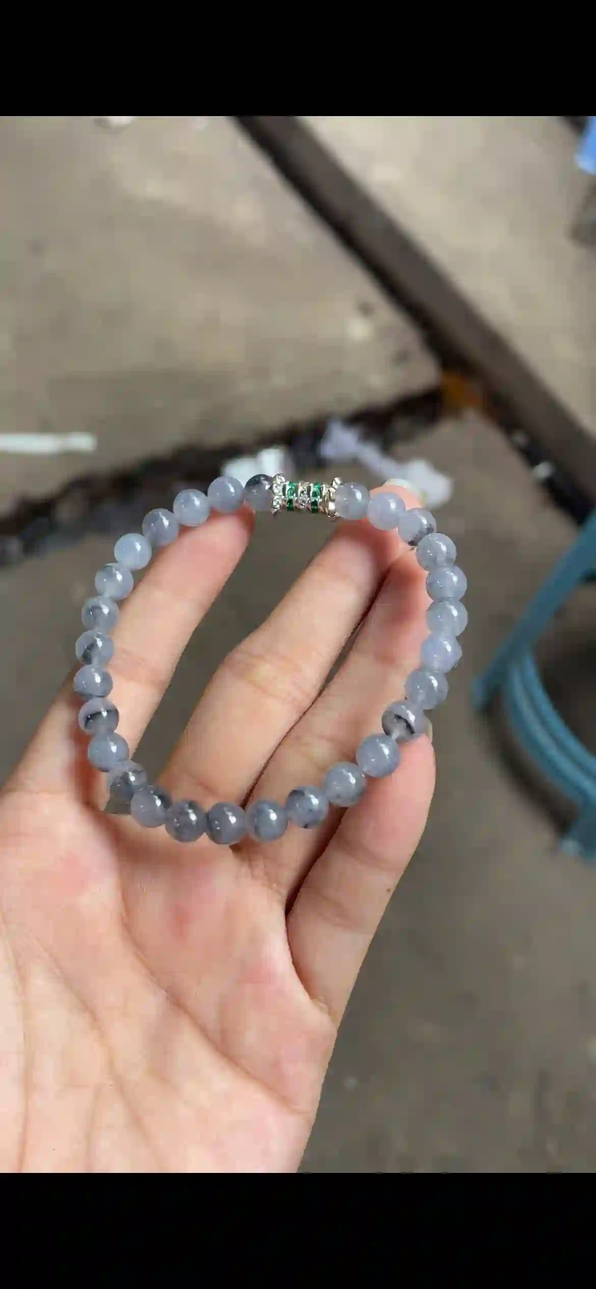 Icy Lavender‑Gray “Wuji” Jadeite Bead Bracelet with Gem‑Set Spacer, view 2 | Myanmar Jadeite reference #9600001