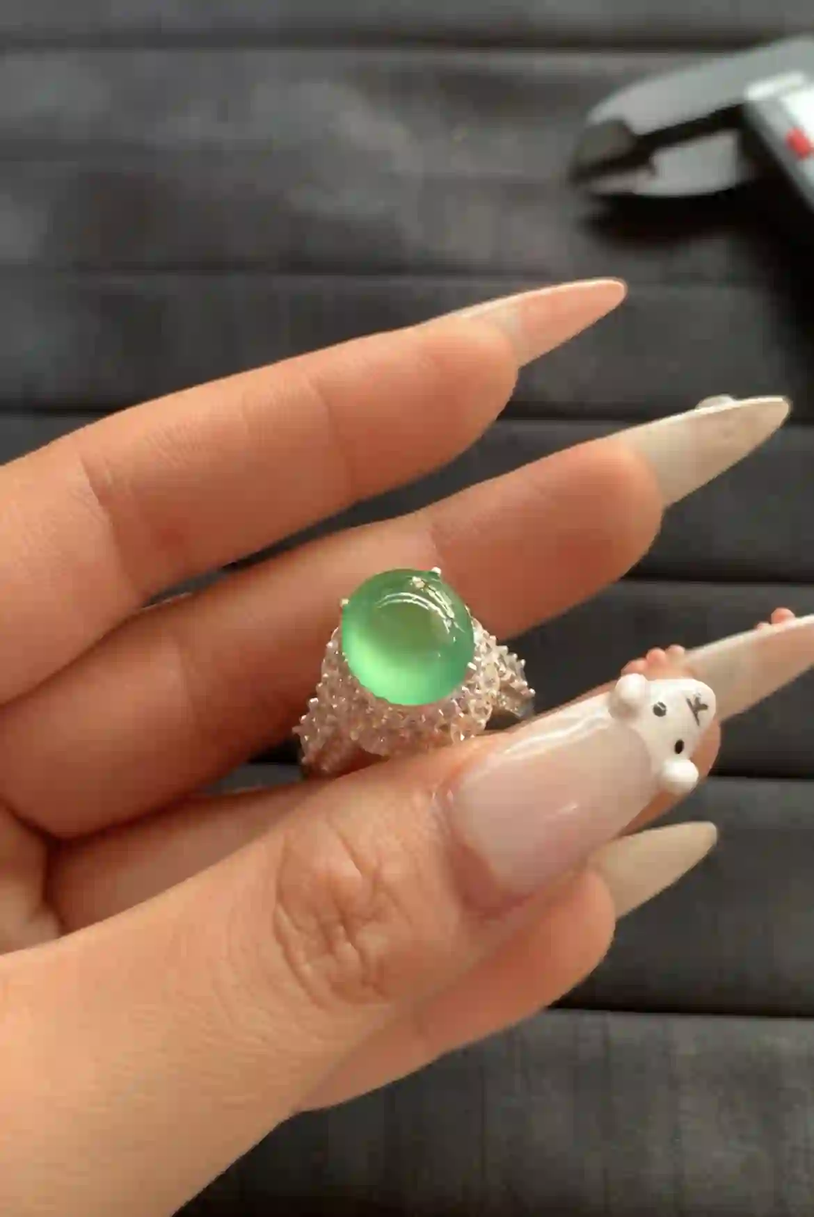 Exquisite Vivid Green Gemstone Ring with Textured Silver Band, view 2 | Myanmar Jadeite reference #1320008