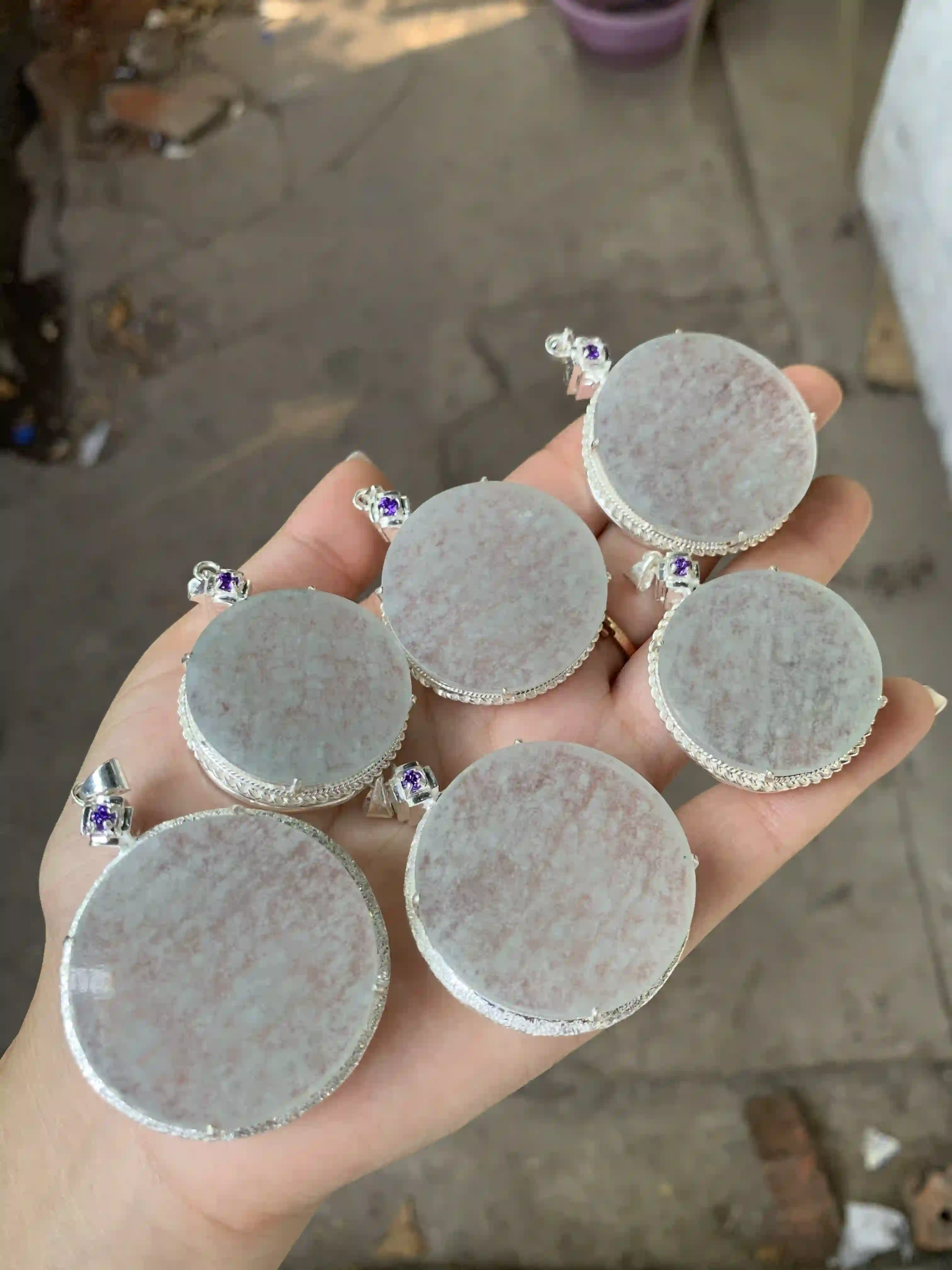  Round Jade Pendants with Silver Settings and Purple Accents, view 2 | Myanmar Jadeite reference #270003