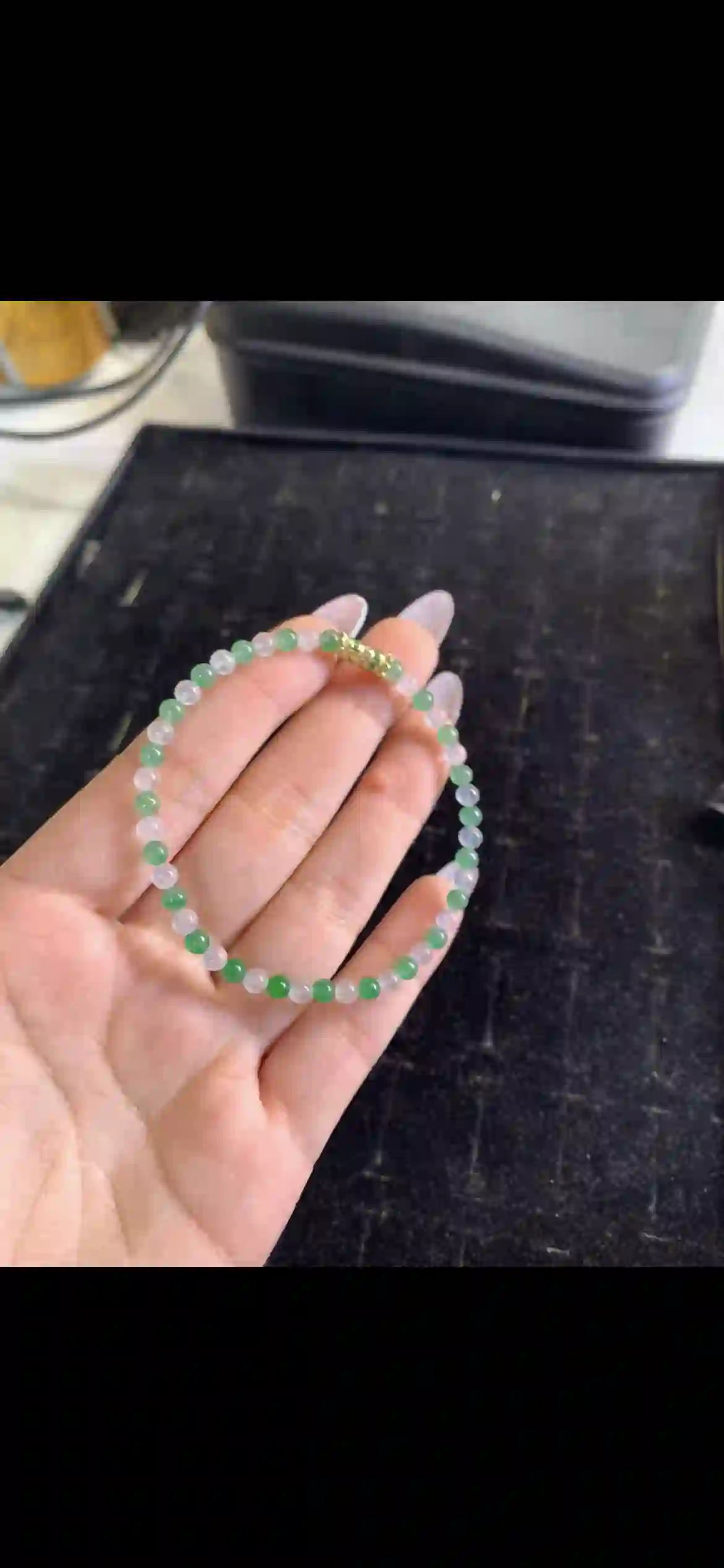 Delicate Gradient Green & White Jadeite Bead Bracelet with Gold Accent, view 2 | Myanmar Jadeite reference #24960001