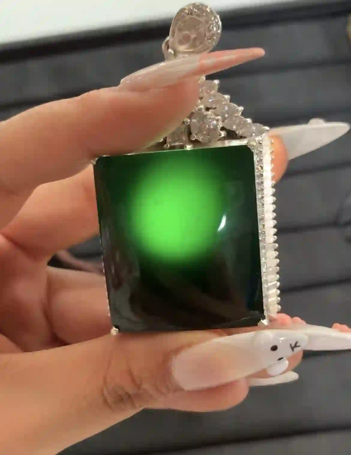 Stunning Square Green Gemstone Pendant with Sparkling Border, view 2 | Myanmar Jadeite reference #1110003