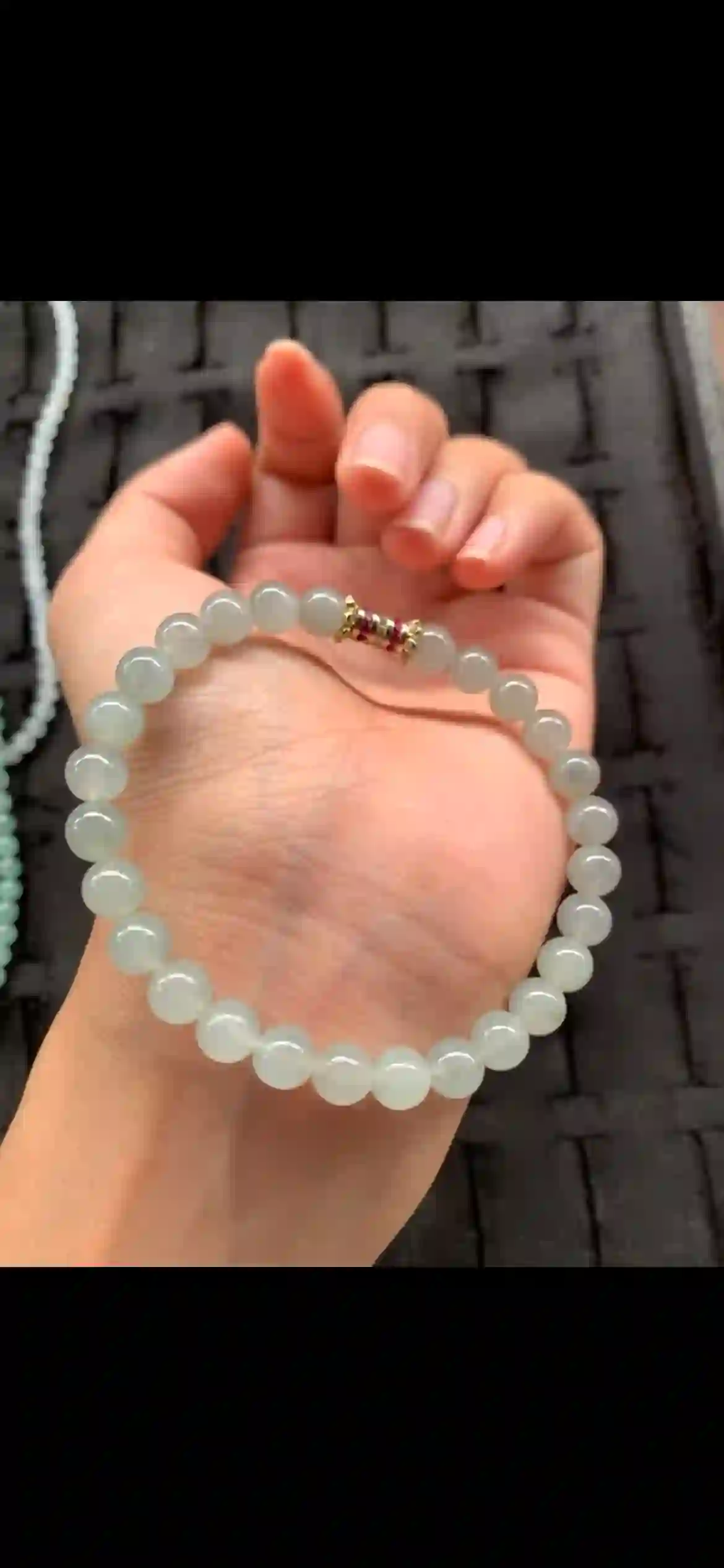 Icy Pale Celadon Jade Bead Bracelet with Crystal & Ruby Accent Spacer, view 2 | Myanmar Jadeite reference #21180001
